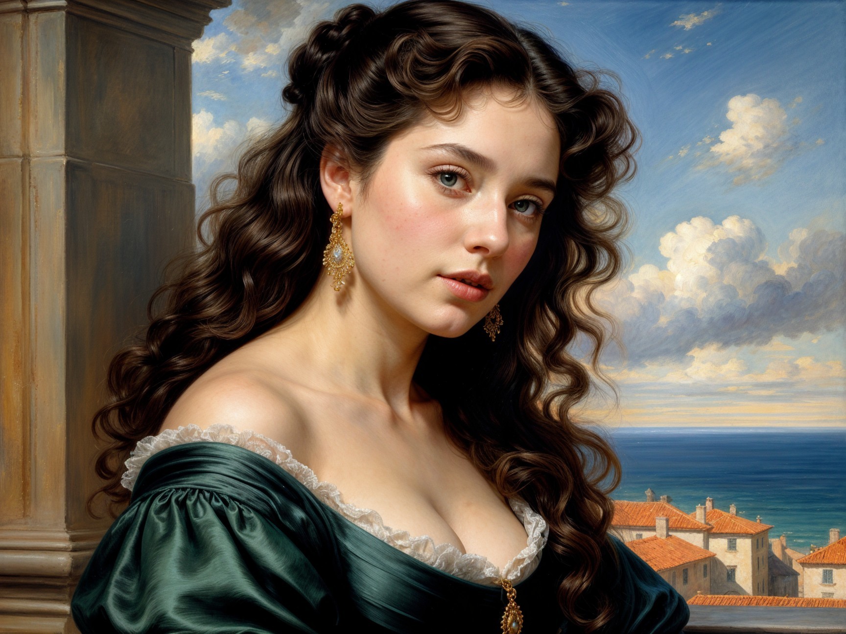 Young woman in dark green gown by seaside landscape