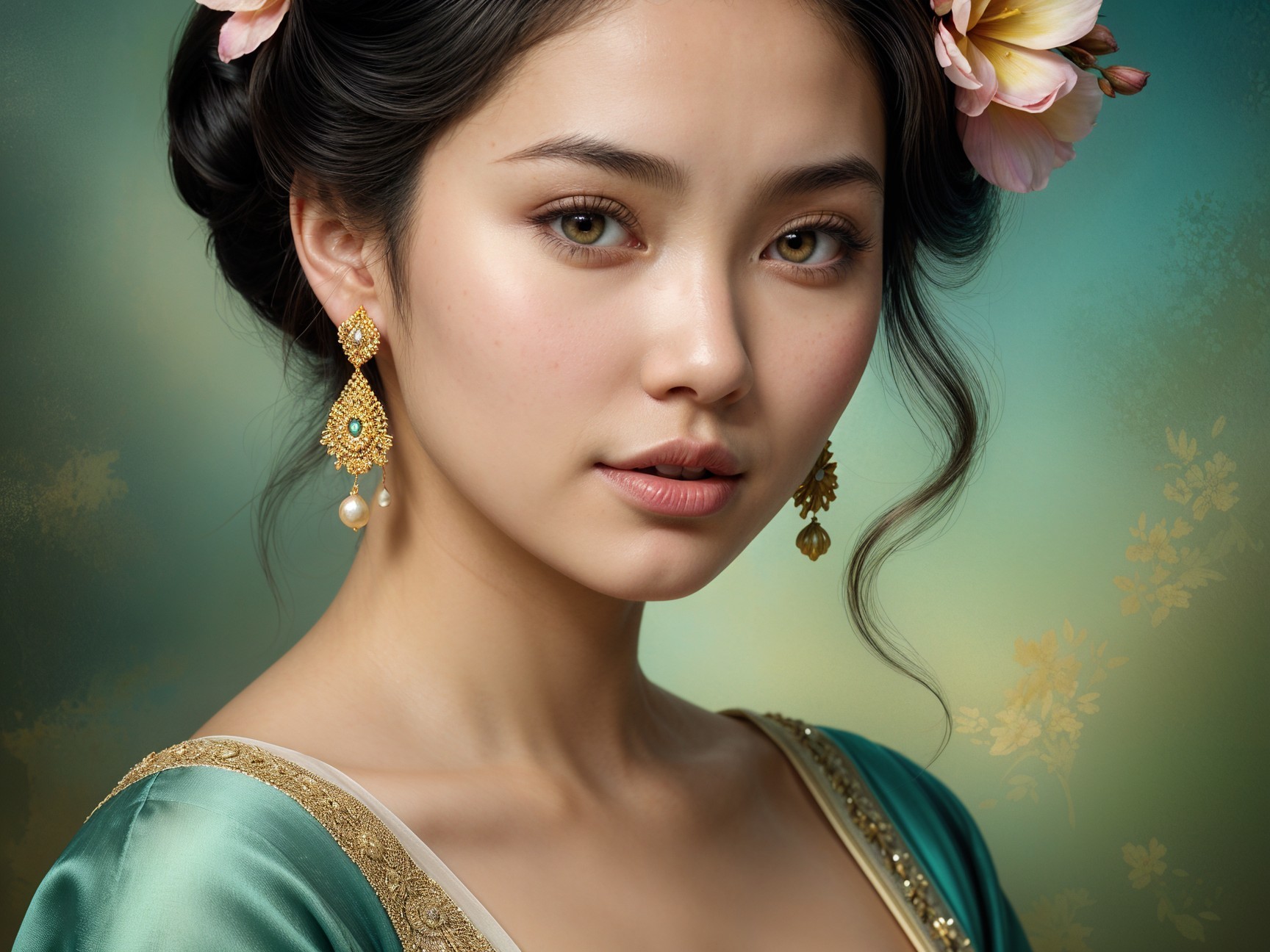 Young woman in green attire with floral accents