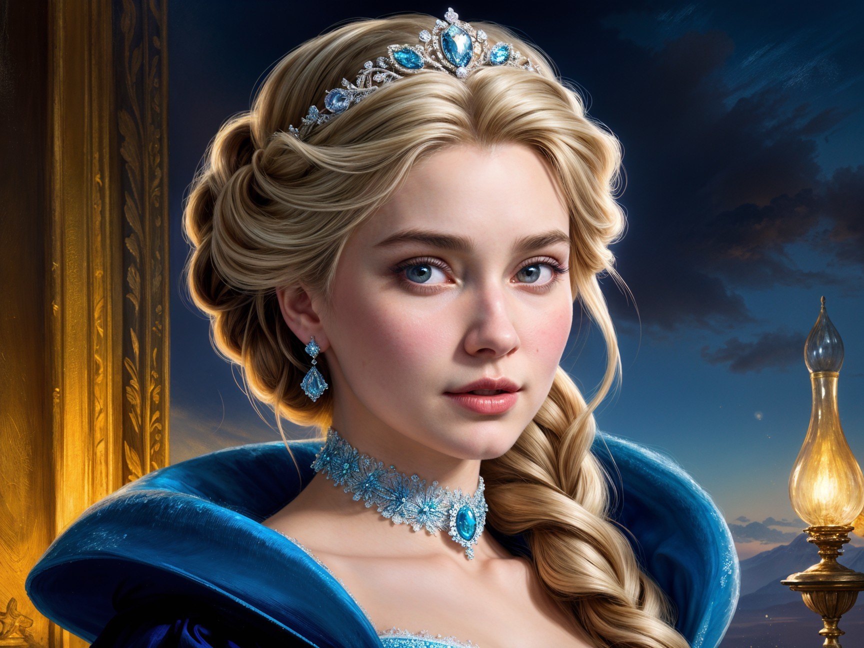 Elegant Woman in Royal Blue Gown Against Twilight Sky