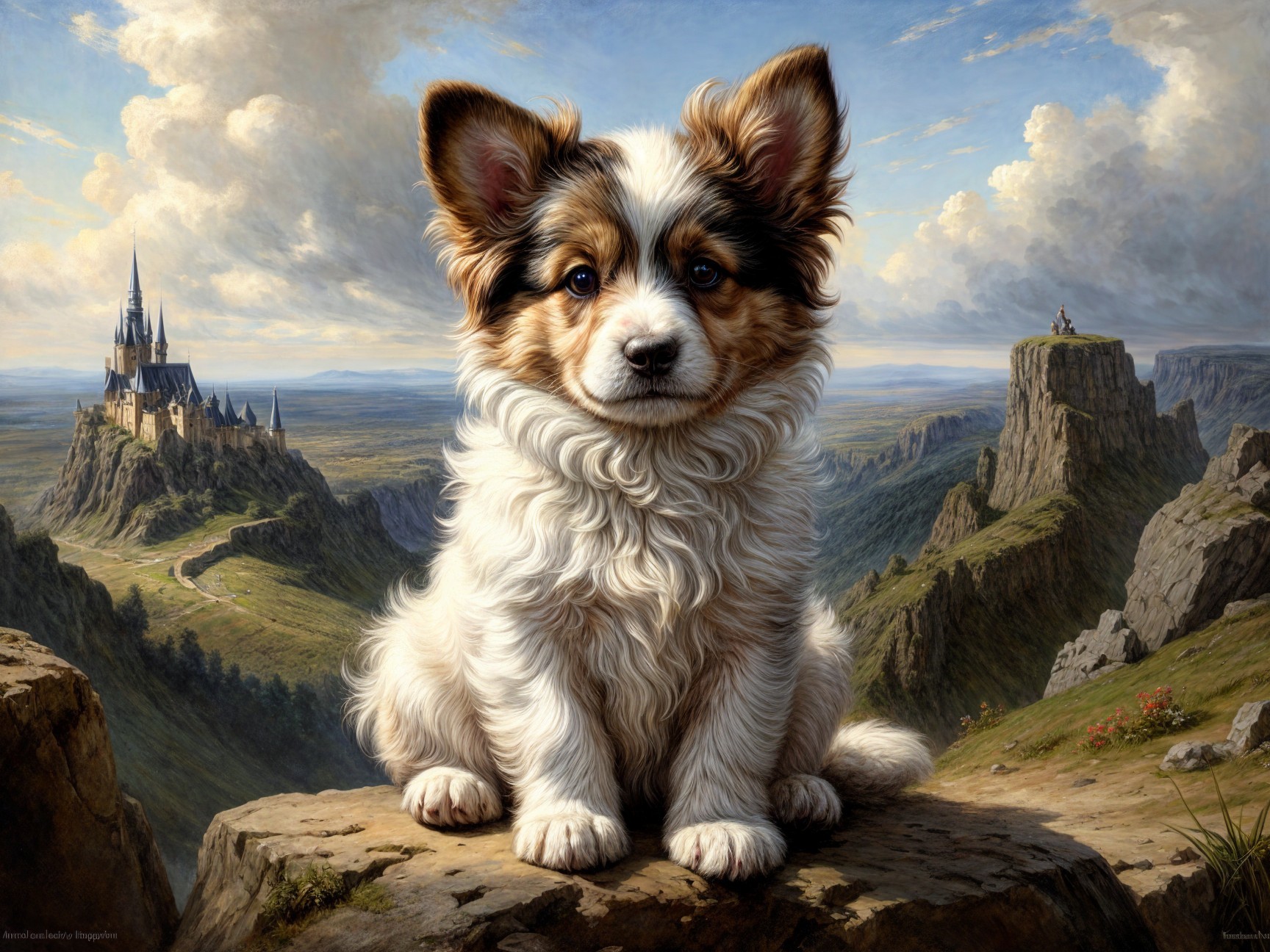Fluffy Puppy on Rocky Outcrop with Castle Background