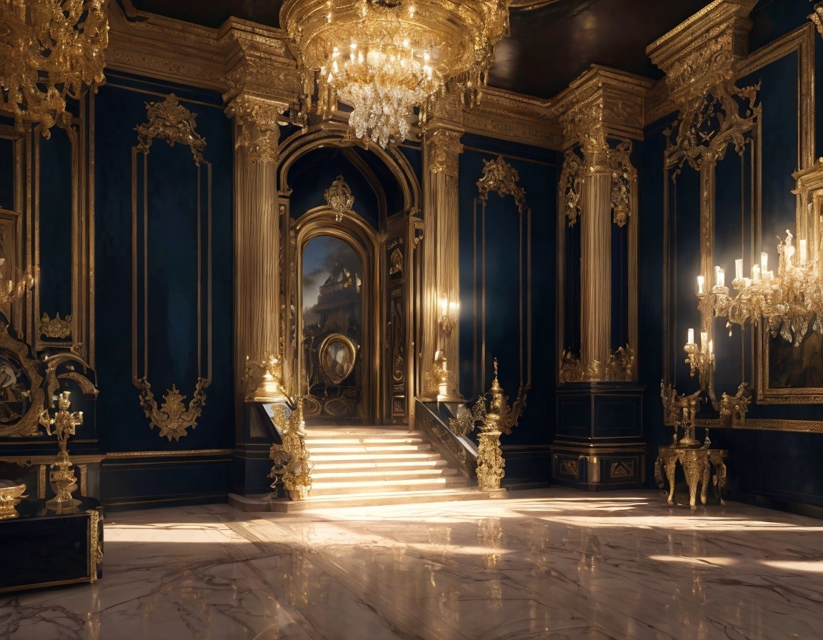 Opulent interior with blue walls and gold accents