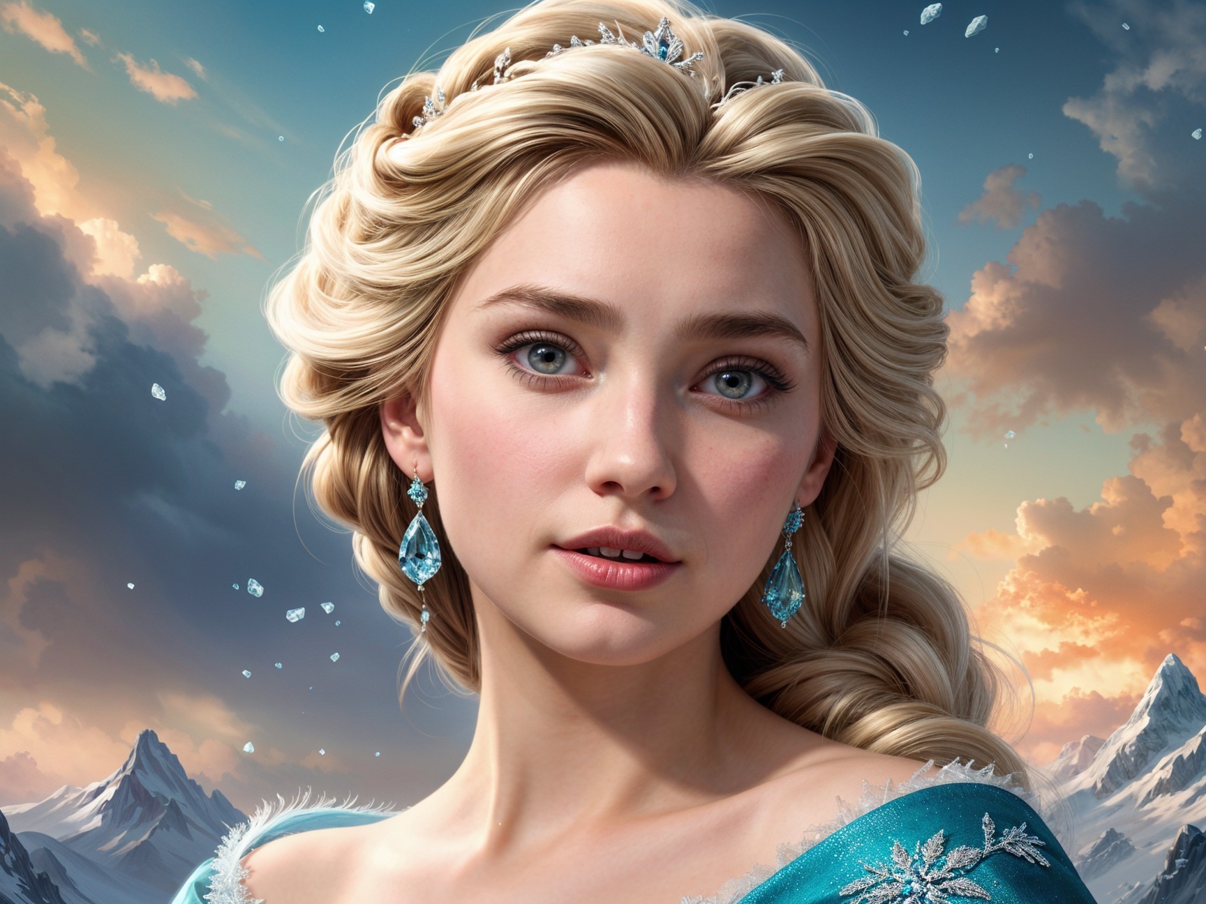Young woman in blue gown with tiara in snowy landscape