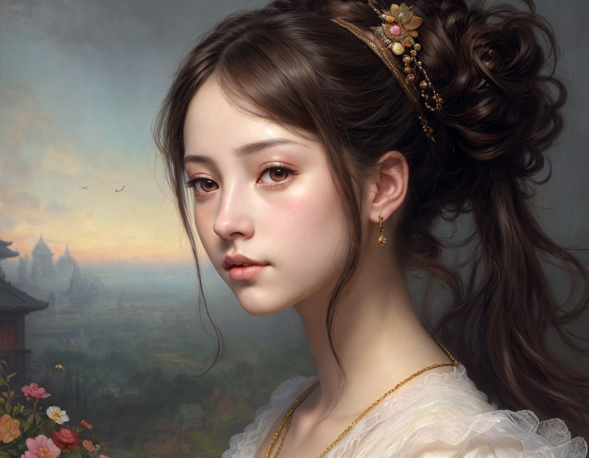 Detailed digital portrait of young woman with elaborate hairstyle and classical earrings against serene historical landscape.