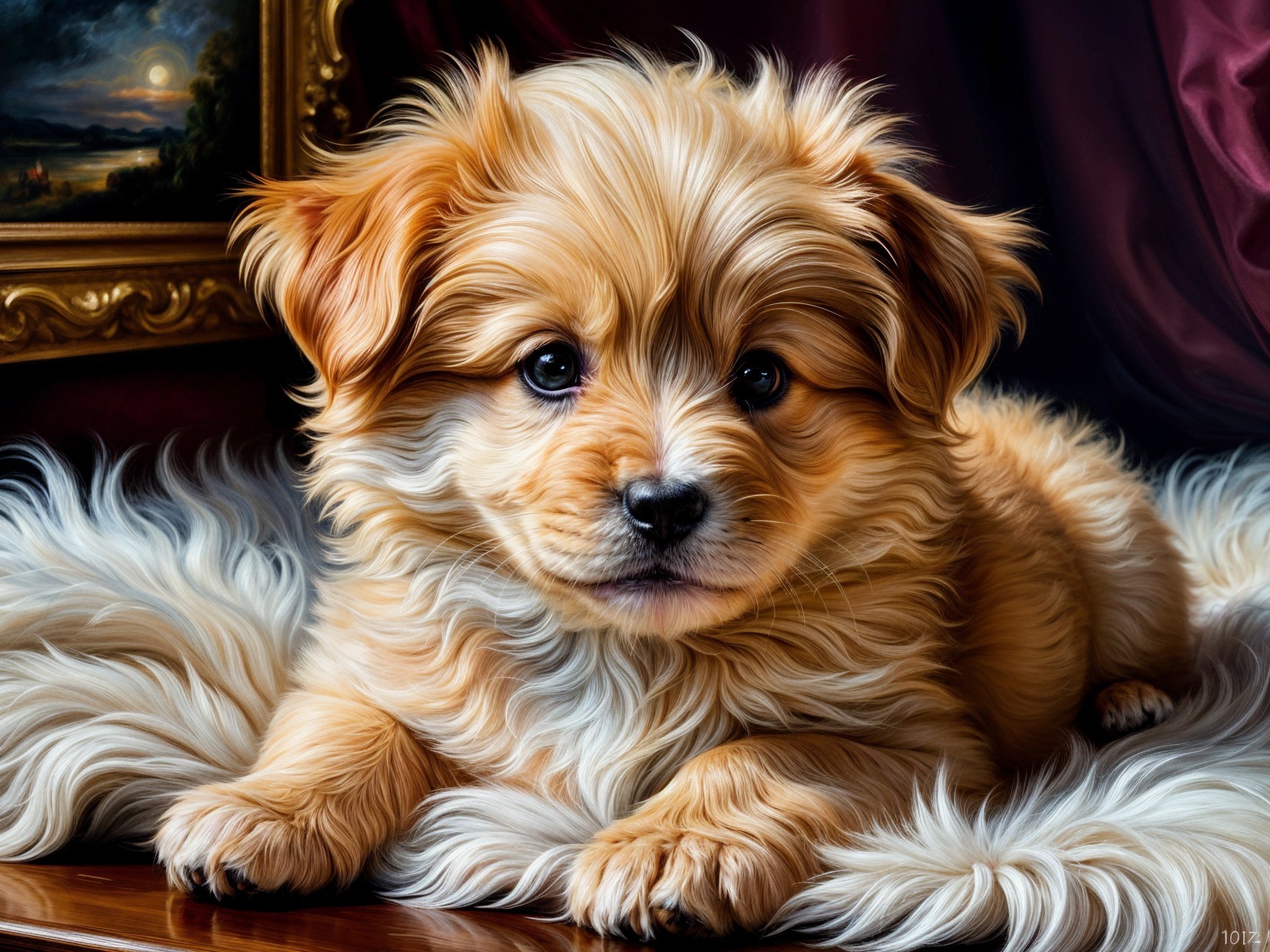 Golden puppy resting on white fur blanket with decor