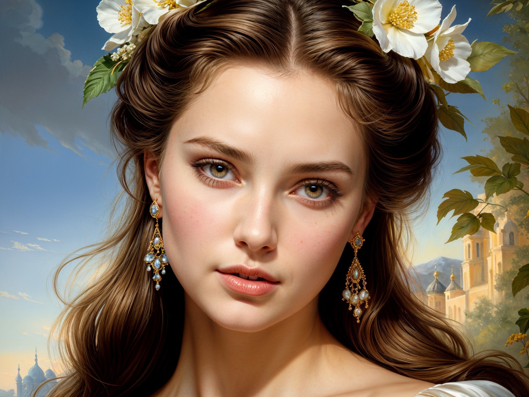 Young woman with flowers and elegant earrings in landscape