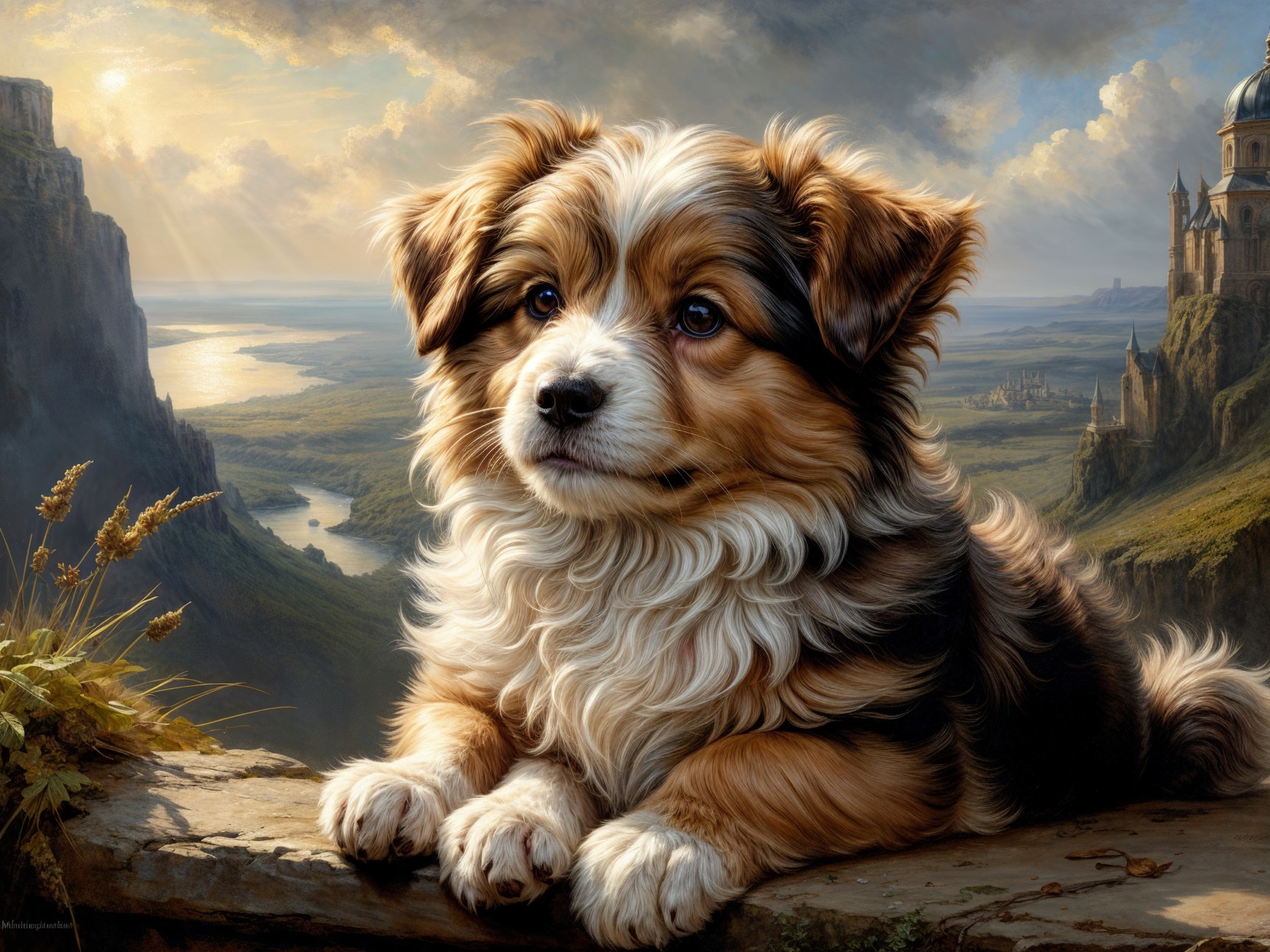 Fluffy Puppy on Rocky Ledge Overlooking Scenic Valley