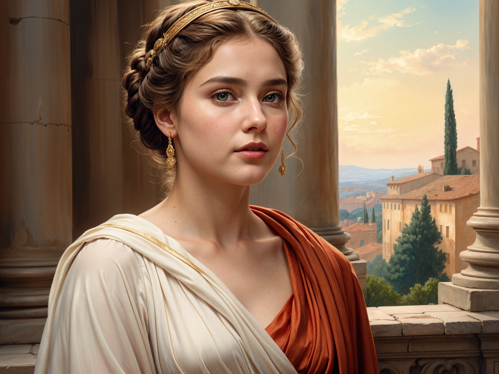 Elegant Young Woman in Classical Setting with Landscape