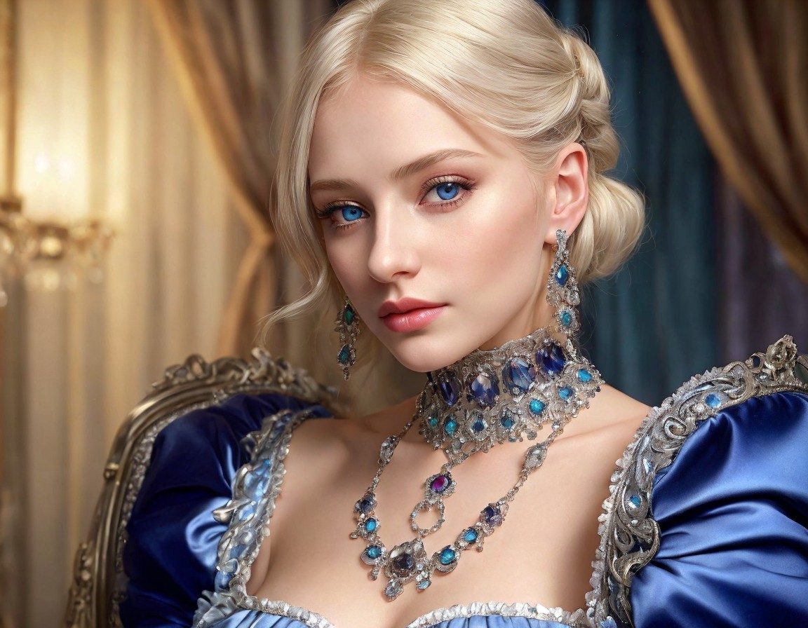 Blonde Woman in Blue Attire with Silver and Blue Jewelry