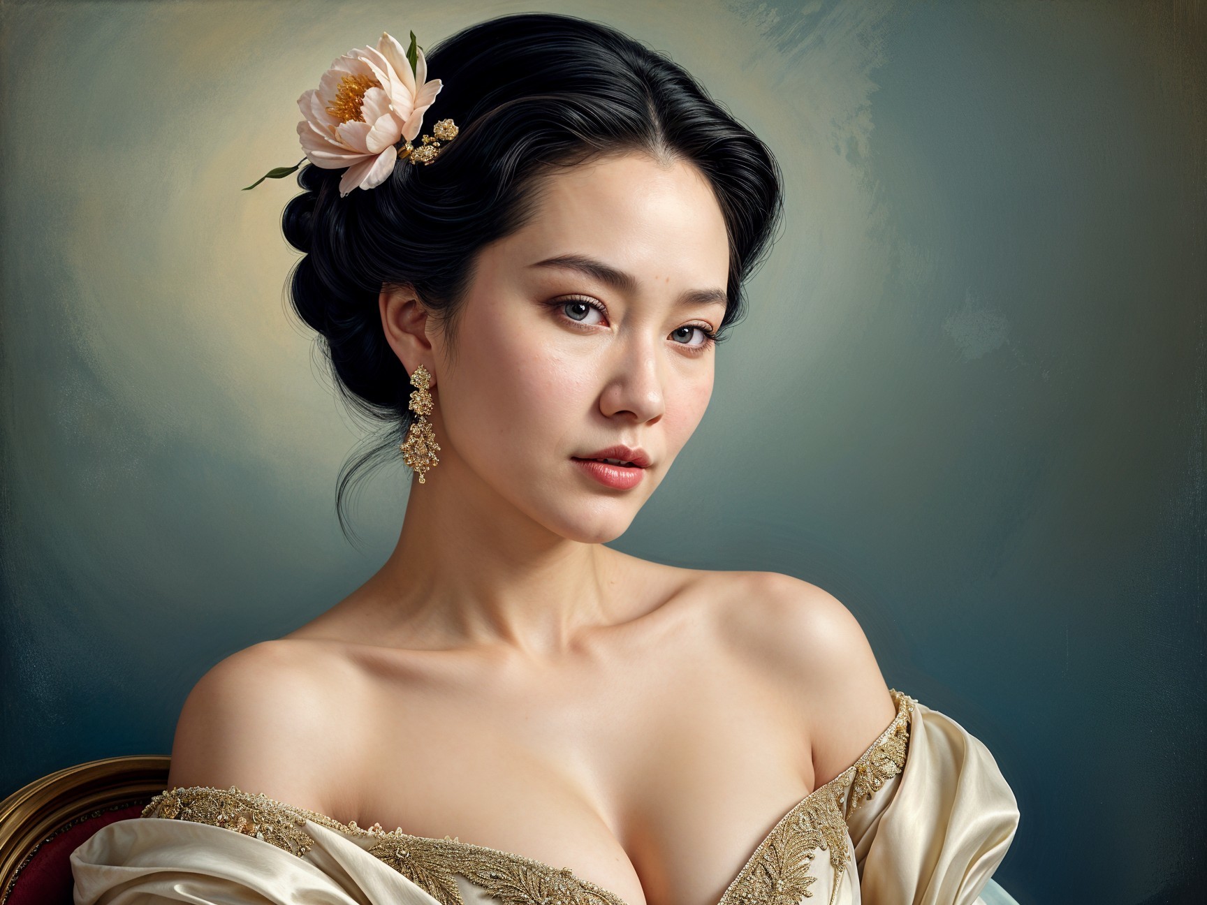 Elegant Woman in Off-Shoulder Gown with Floral Updo