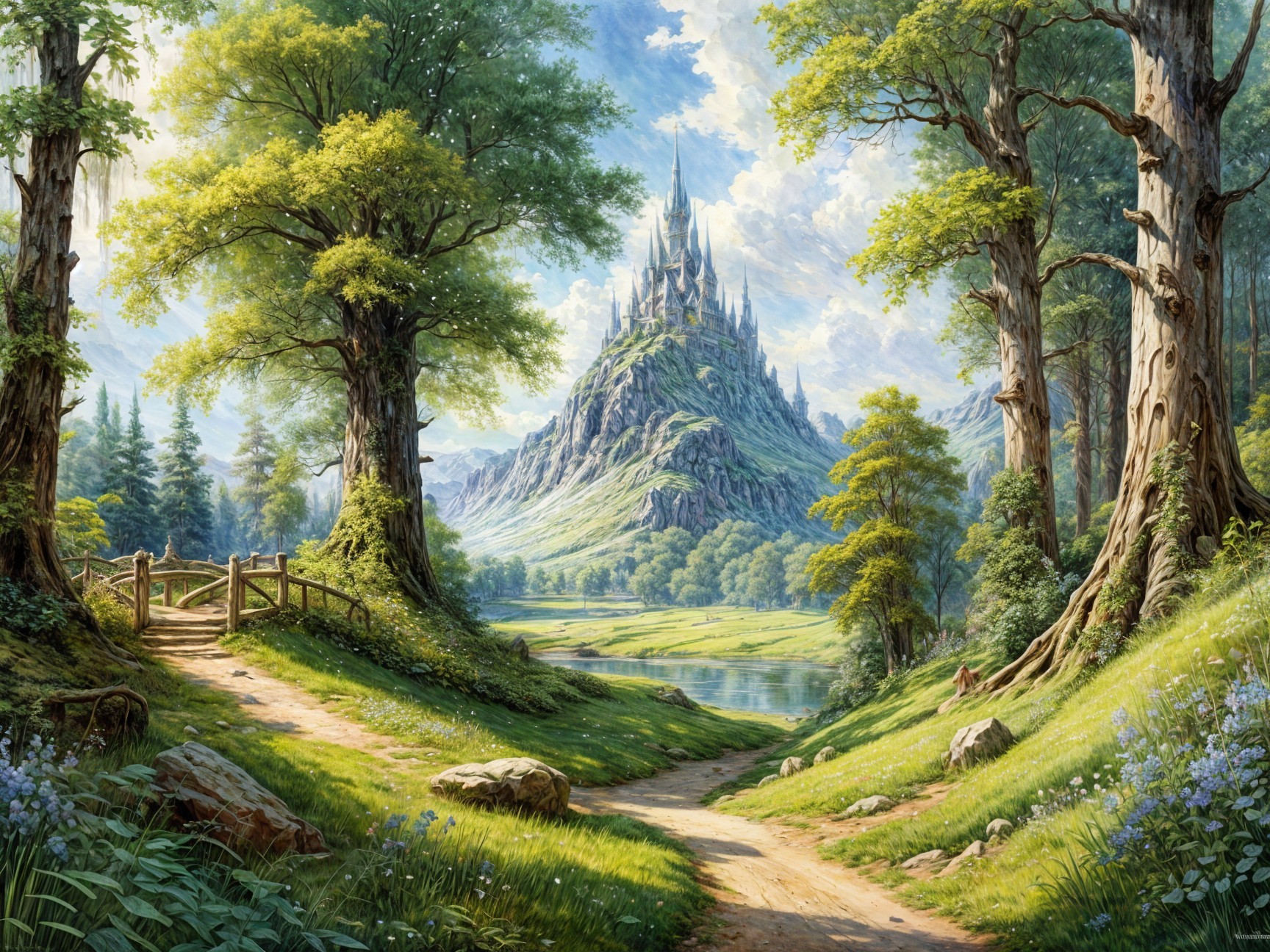 Serene landscape with castle, river, and wildflowers