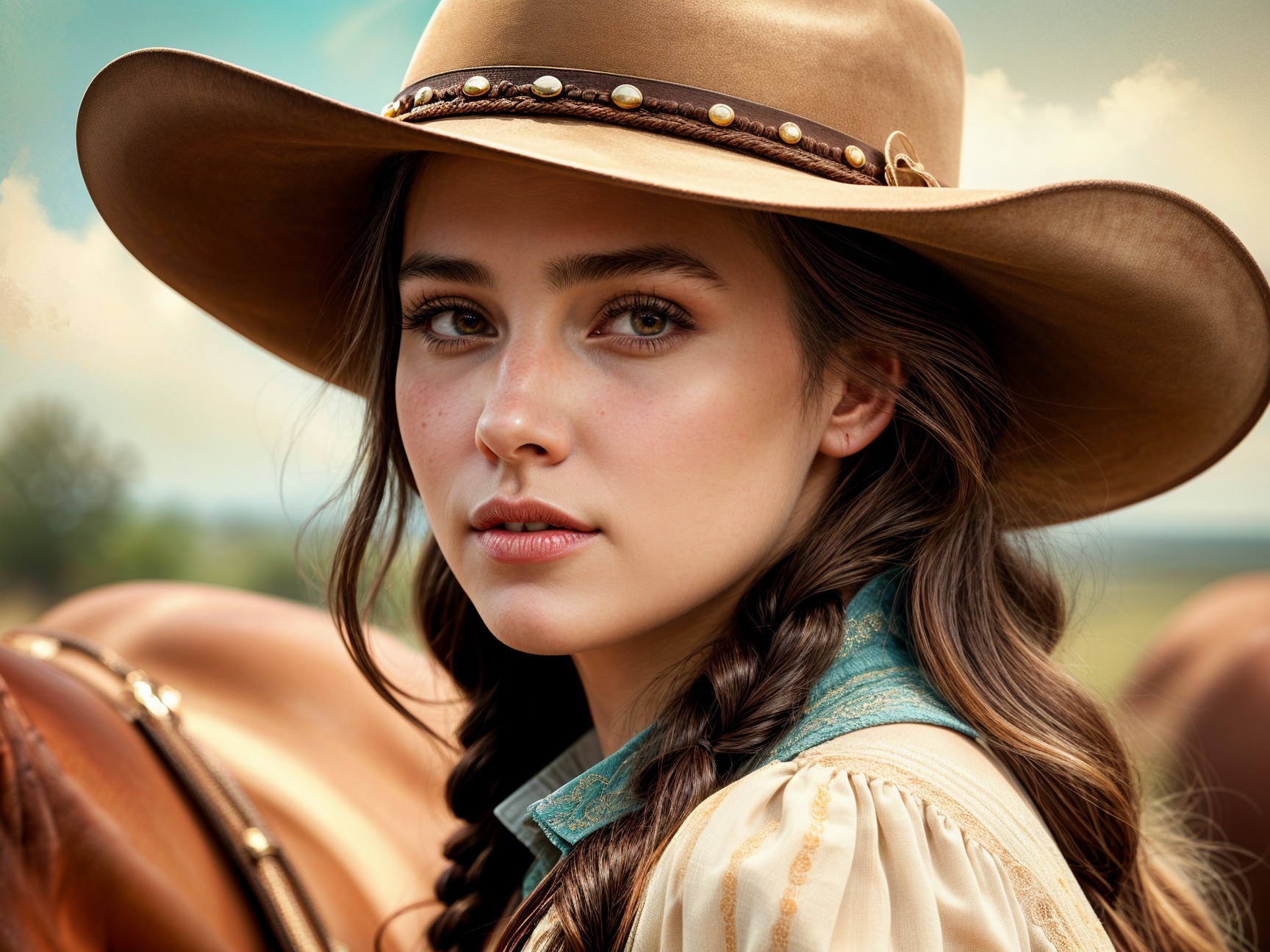 Young woman in hat against green fields and blue sky