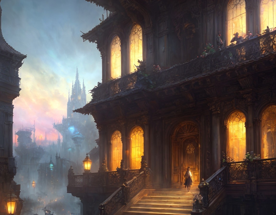 Ornate building in a misty, fantastical cityscape