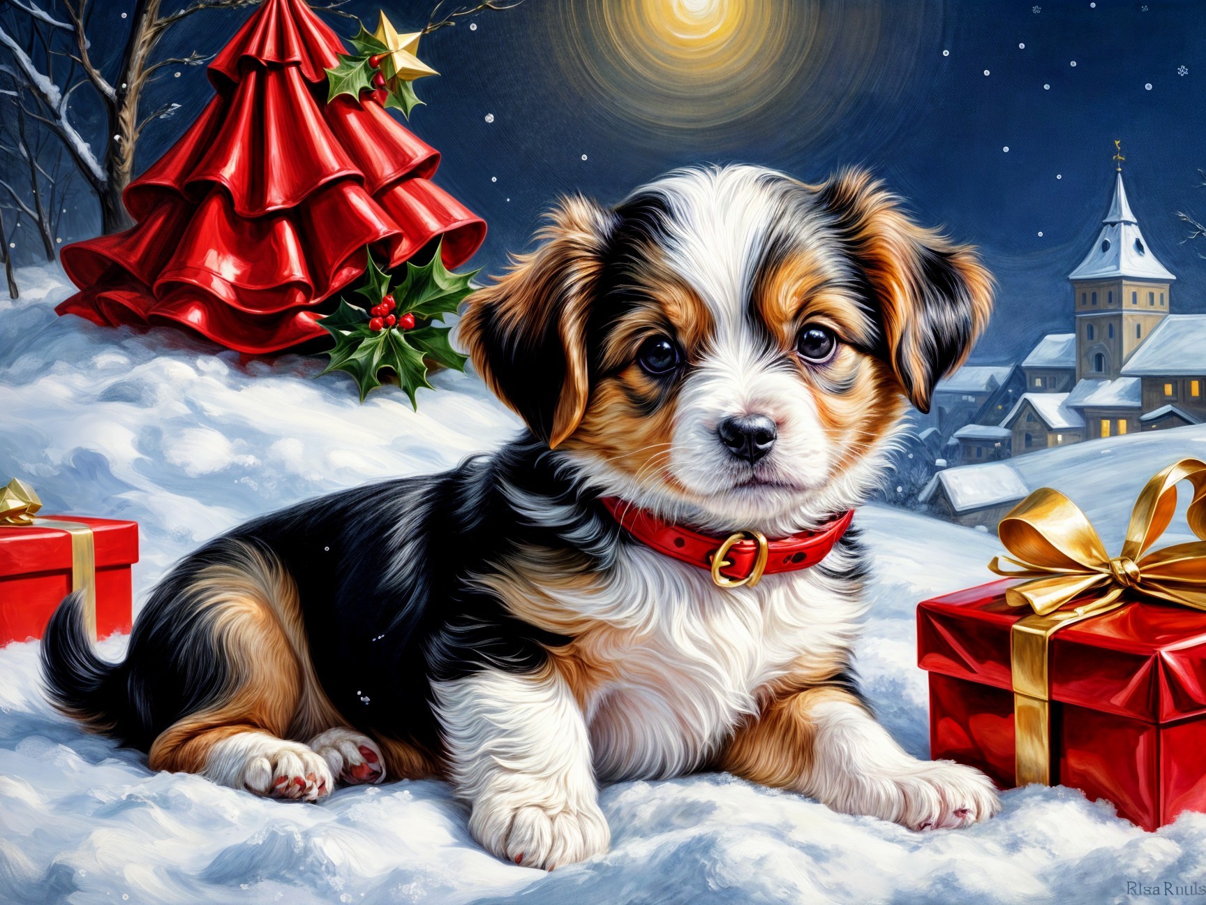 Puppy in Snowy Landscape with Christmas Decorations