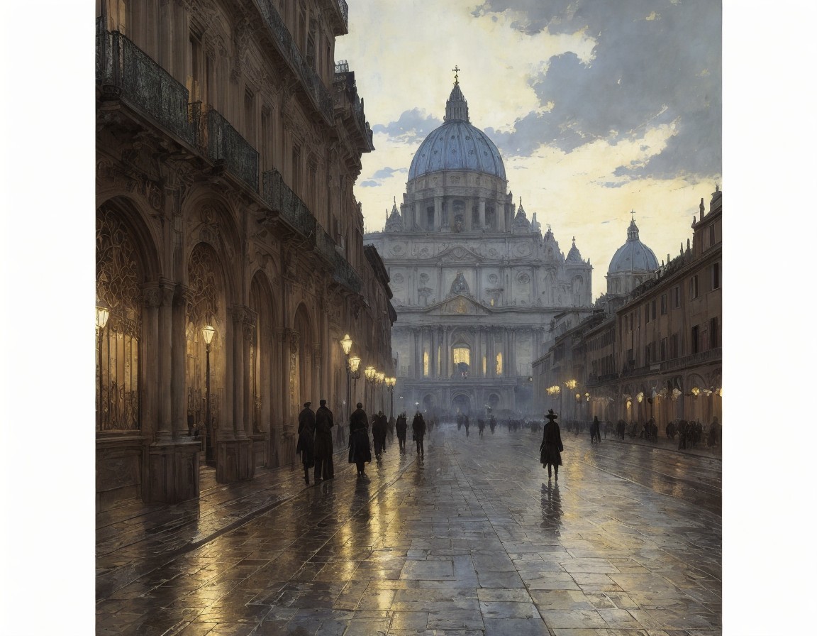Sunset view of St. Peter's Basilica in Vatican City with silhouetted figures on
