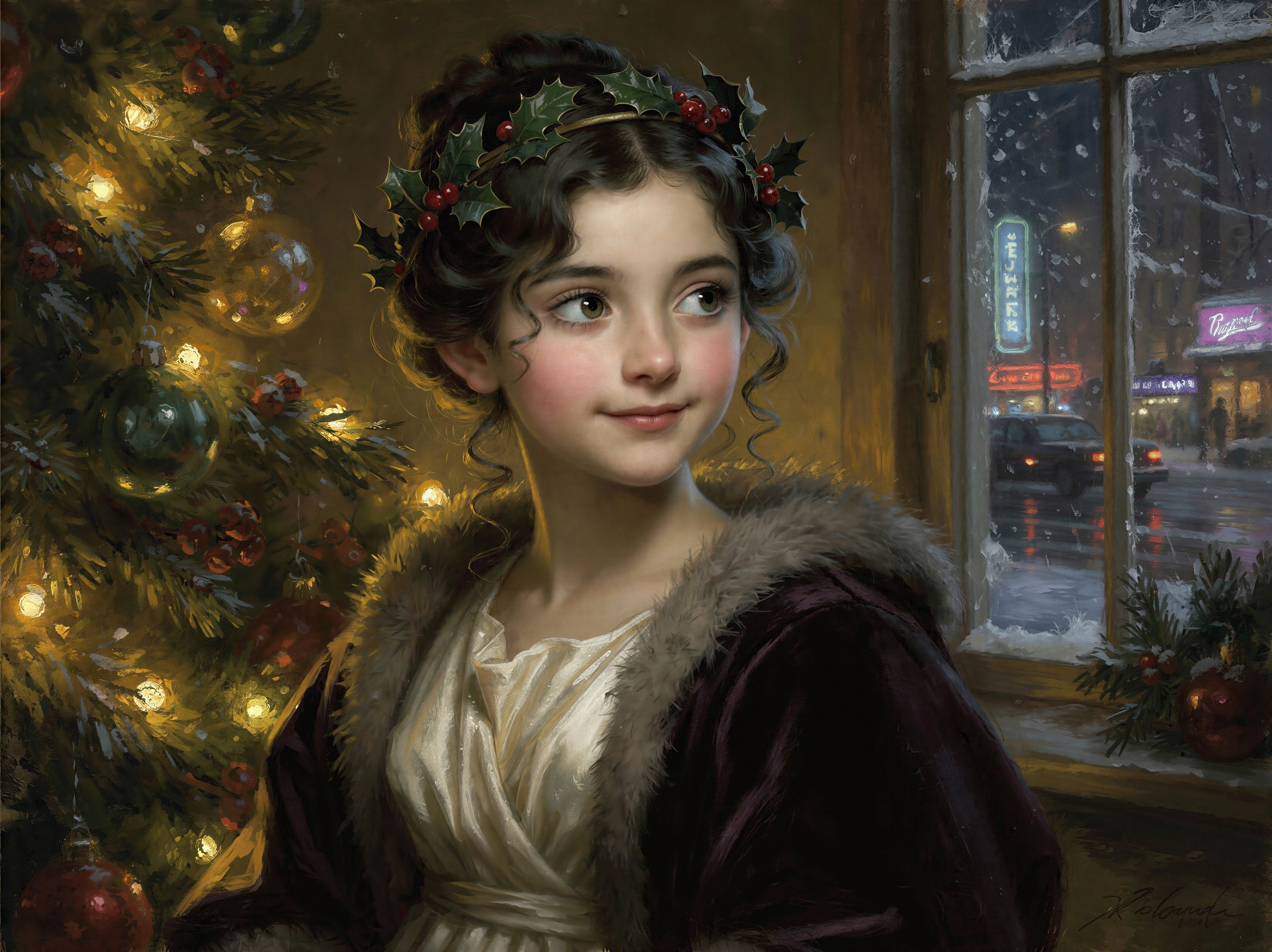 Young Girl in White Dress by Christmas Tree Scene