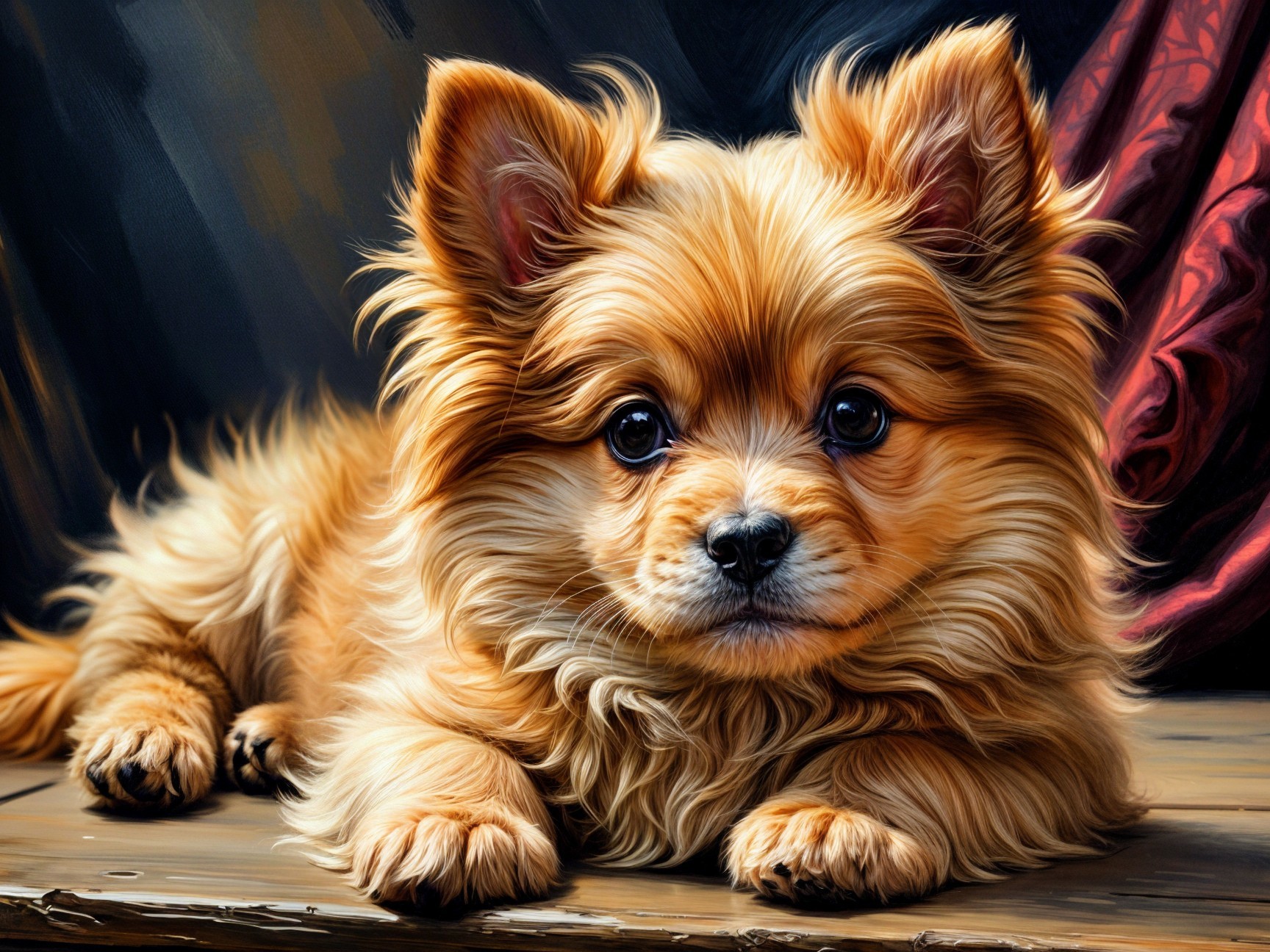 Fluffy Golden Pomeranian on Wooden Surface with Cozy Background