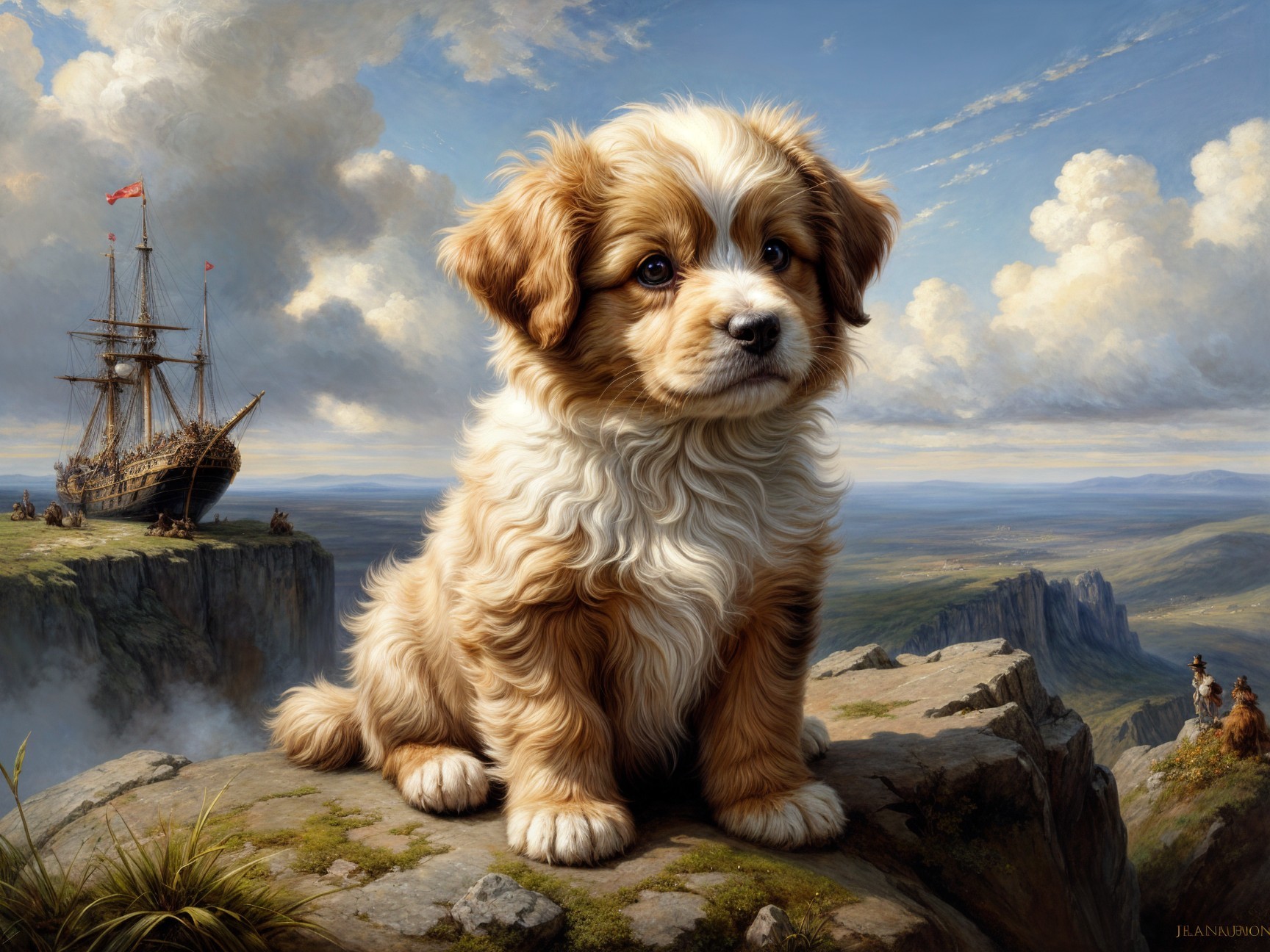 Golden-brown puppy on a rocky ledge with ship backdrop
