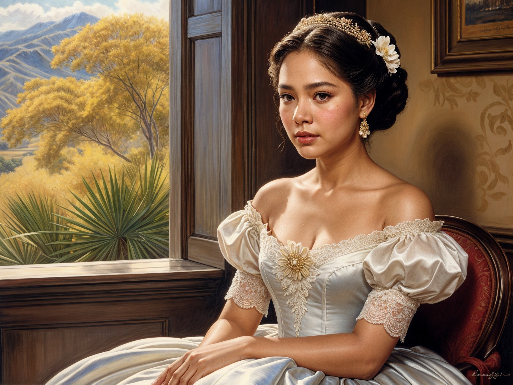 Young woman in pale blue gown by a window