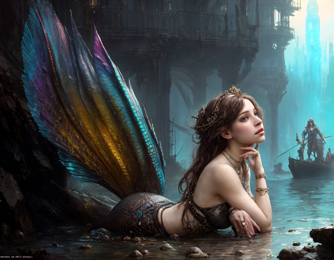 Colorful tail mermaid with crown by misty shore, boat & ancient ruins.