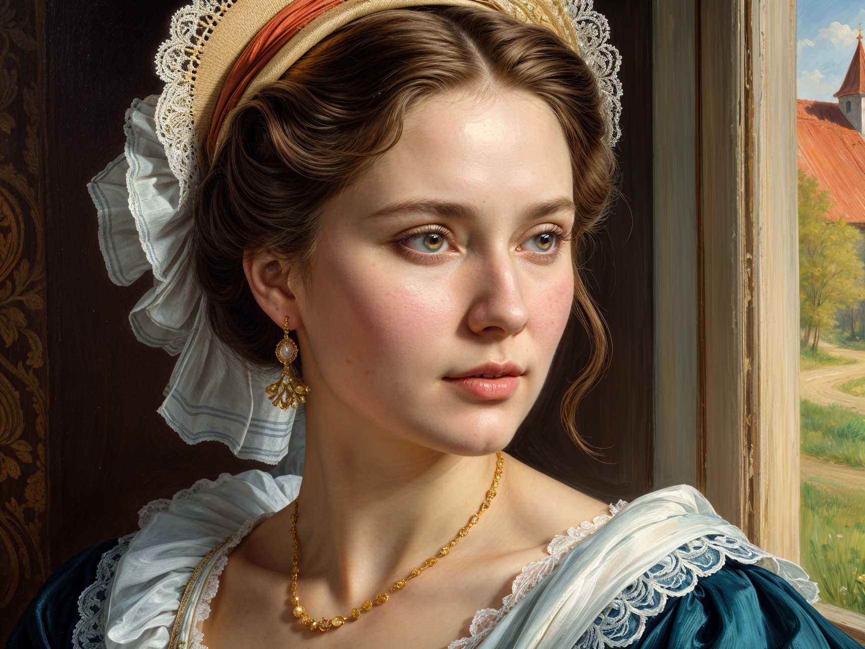 Young Woman in Elegant Dress Gazing Out Window