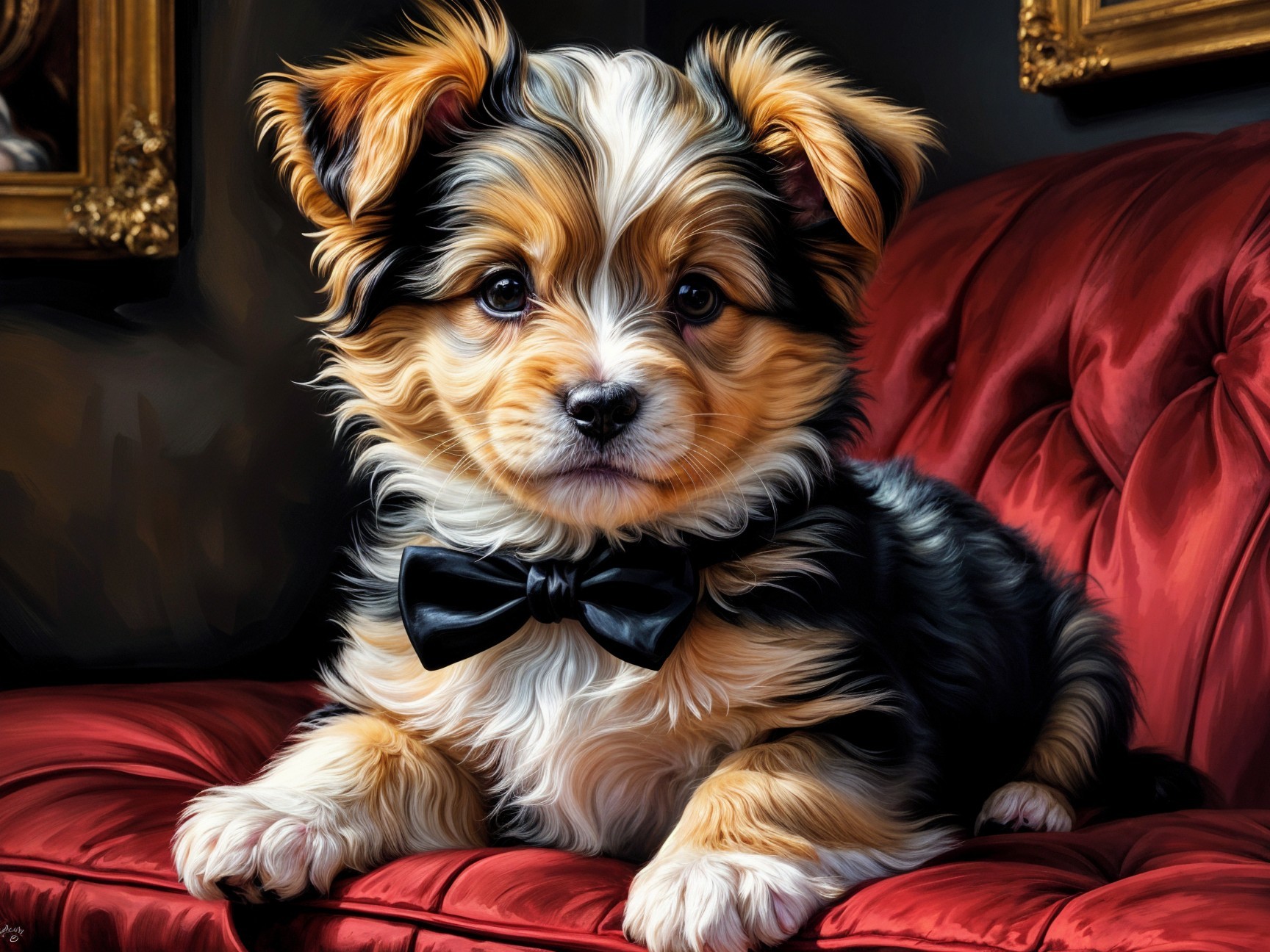 Charming Puppy on Plush Red Velvet Sofa with Bow Tie