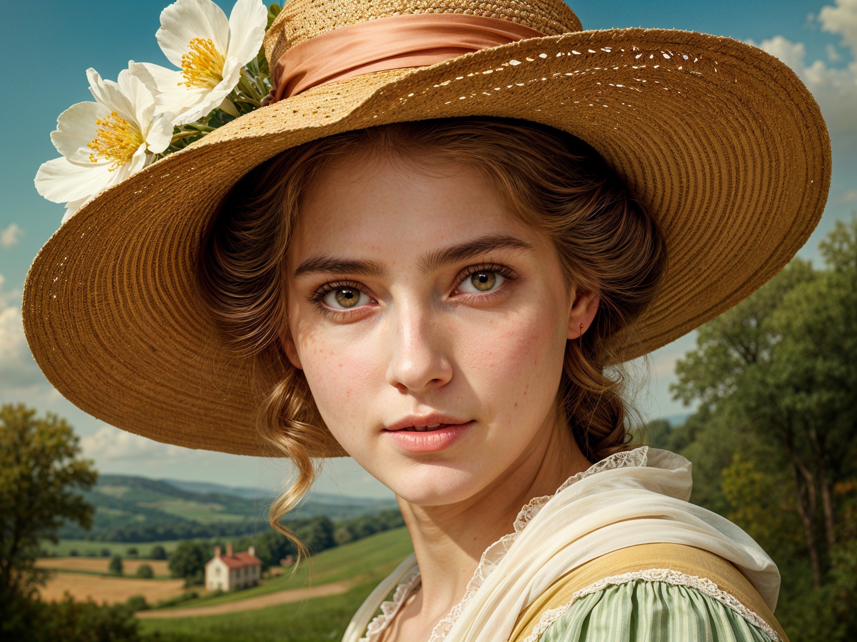Young Woman in Straw Hat Amidst Serene Countryside