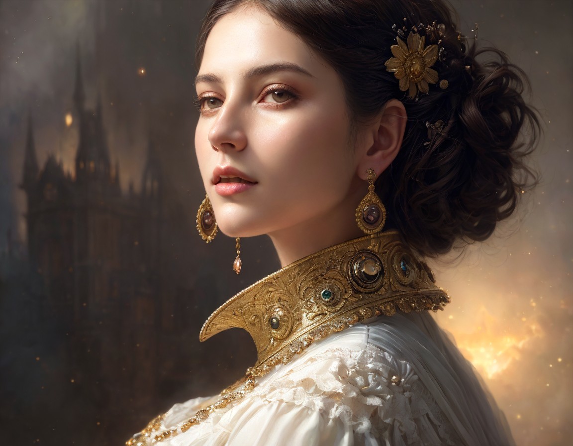 Portrait of a Woman with Elegant Jewelry and Castle
