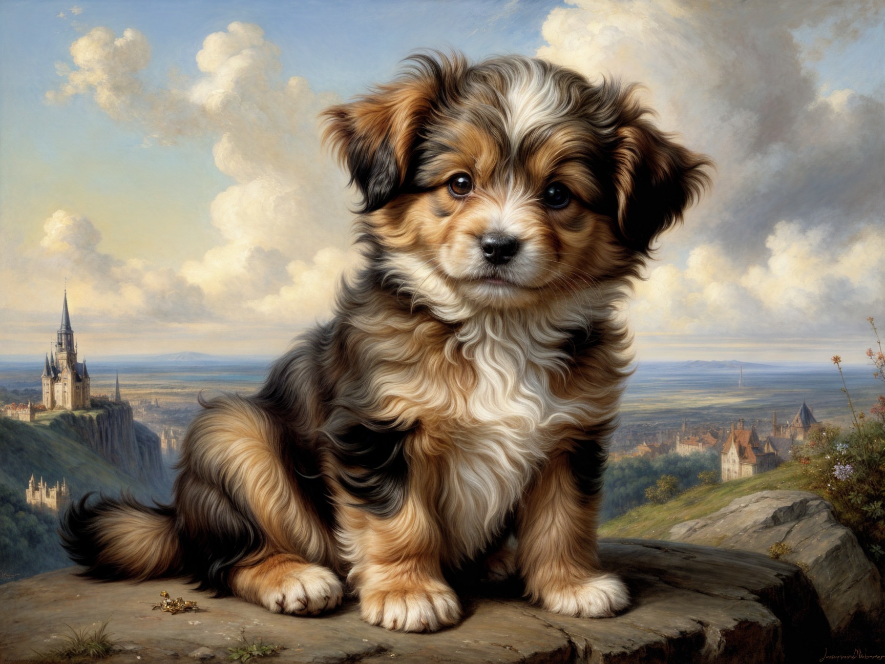 Tri-colored puppy on rocky ledge with scenic landscape