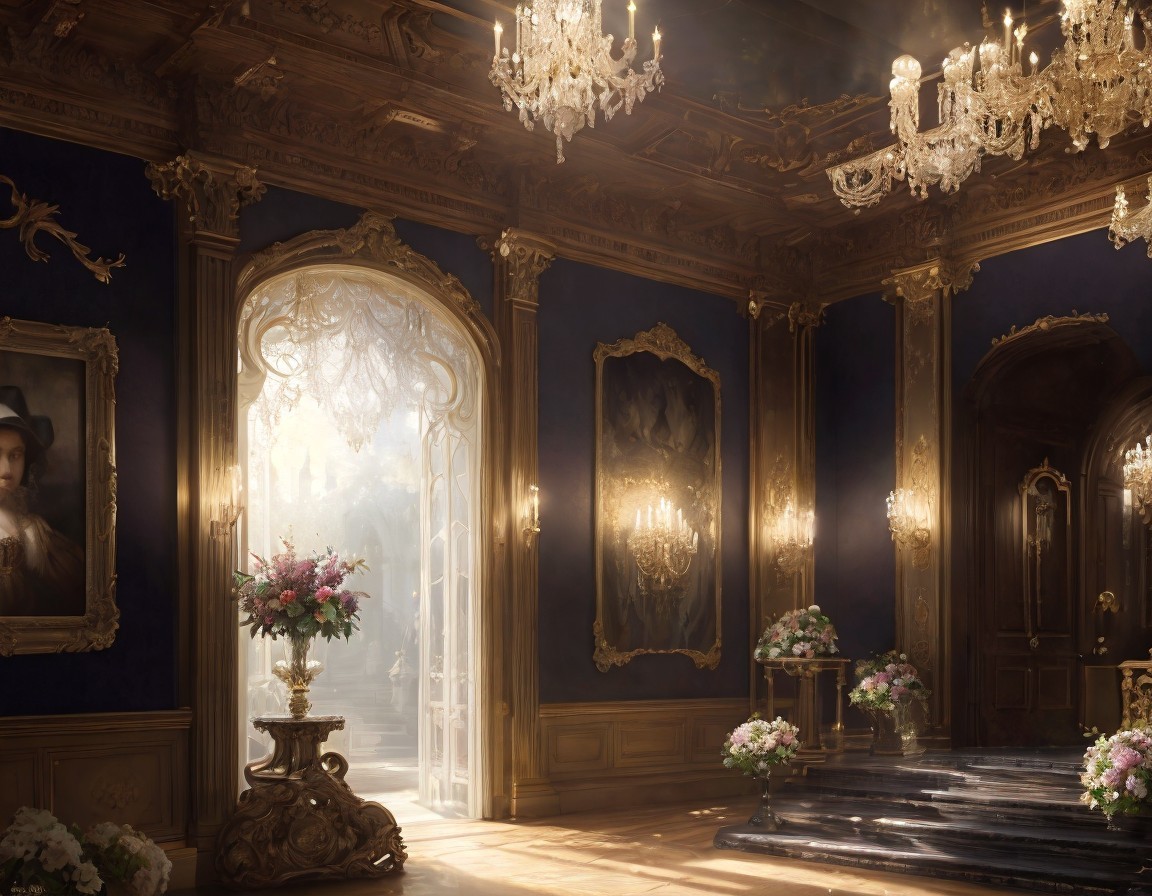 Luxurious Room with Golden Chandeliers and Elegant Paintings