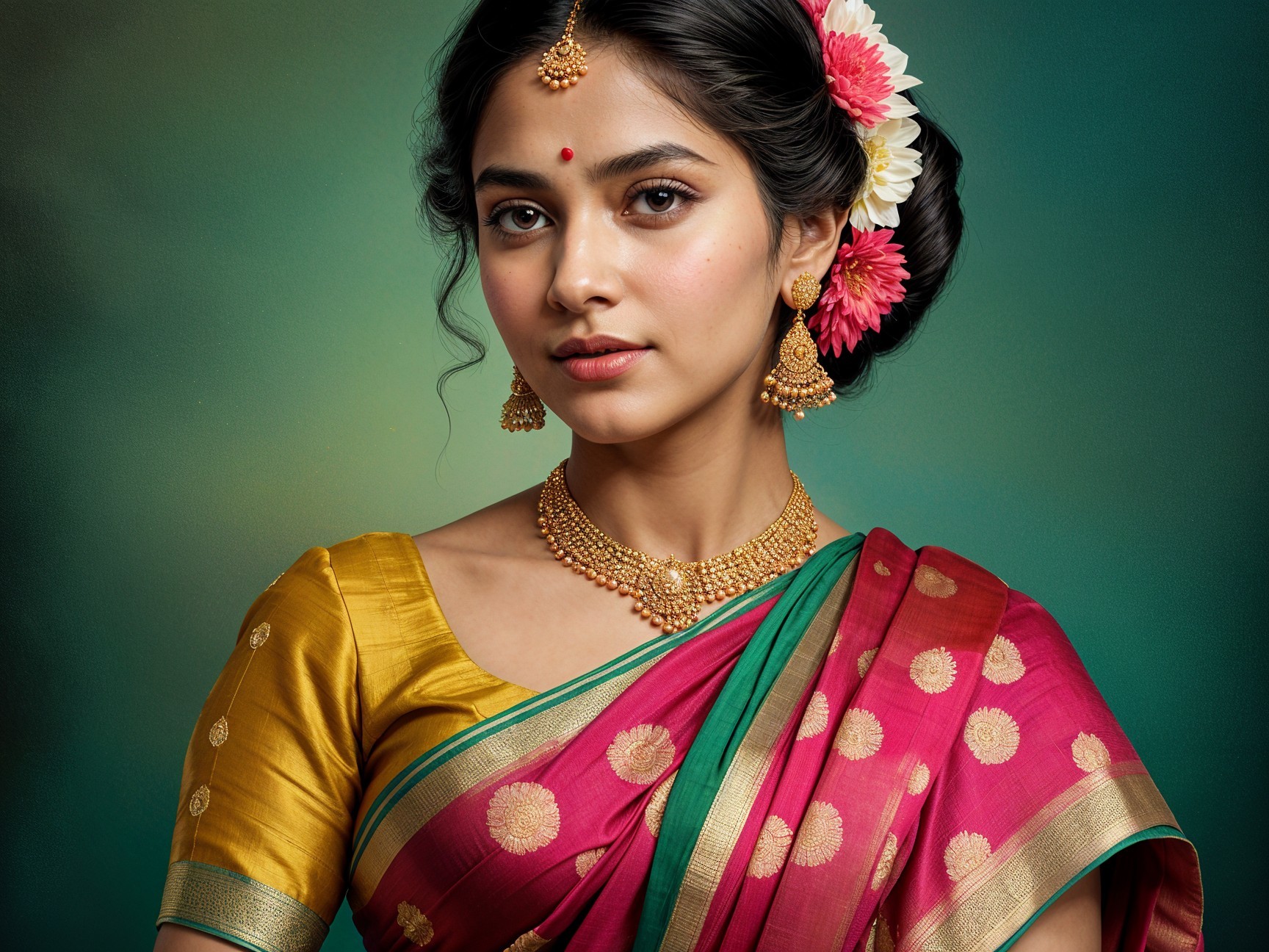 Young Woman in Vibrant Traditional Sari with Jewelry