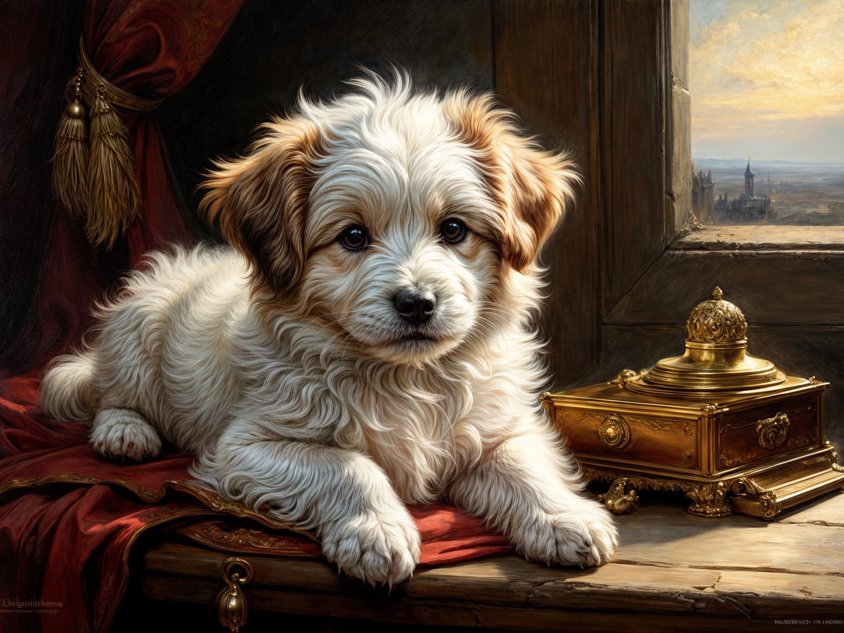 Fluffy golden puppy on a richly draped table