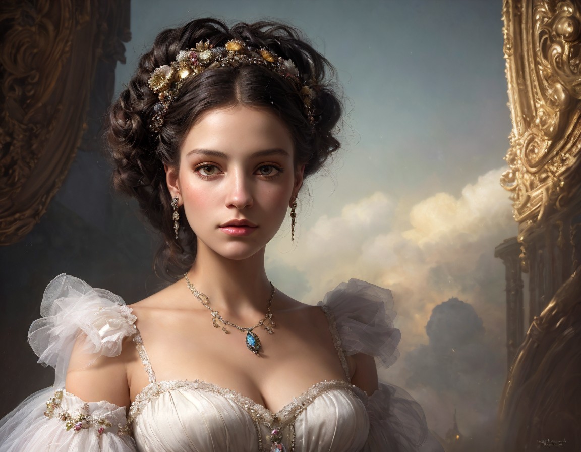 Portrait of a young woman in historical attire with flowers