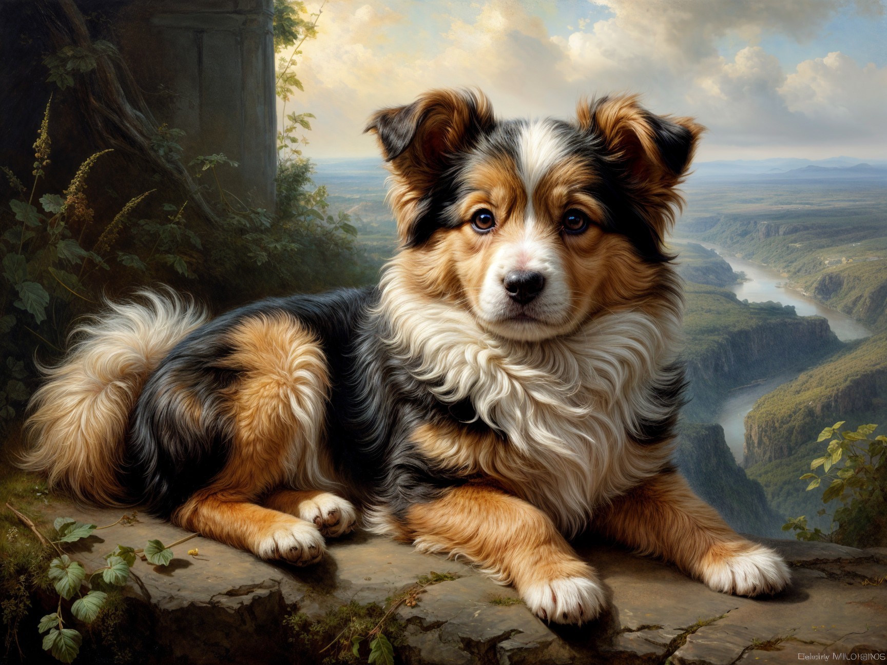 Tri-Colored Dog on Rocky Ledge with Scenic Landscape