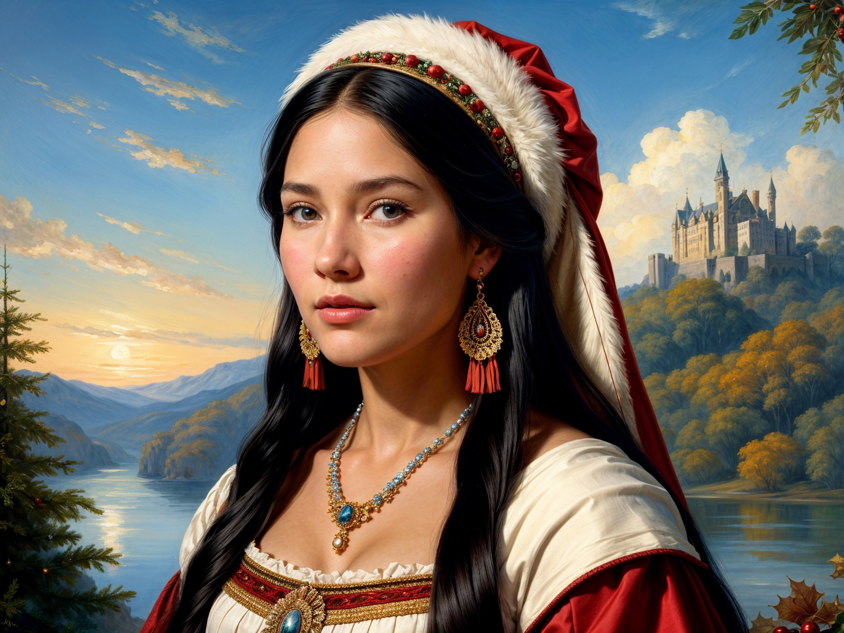 Young woman in red dress with serene landscape backdrop