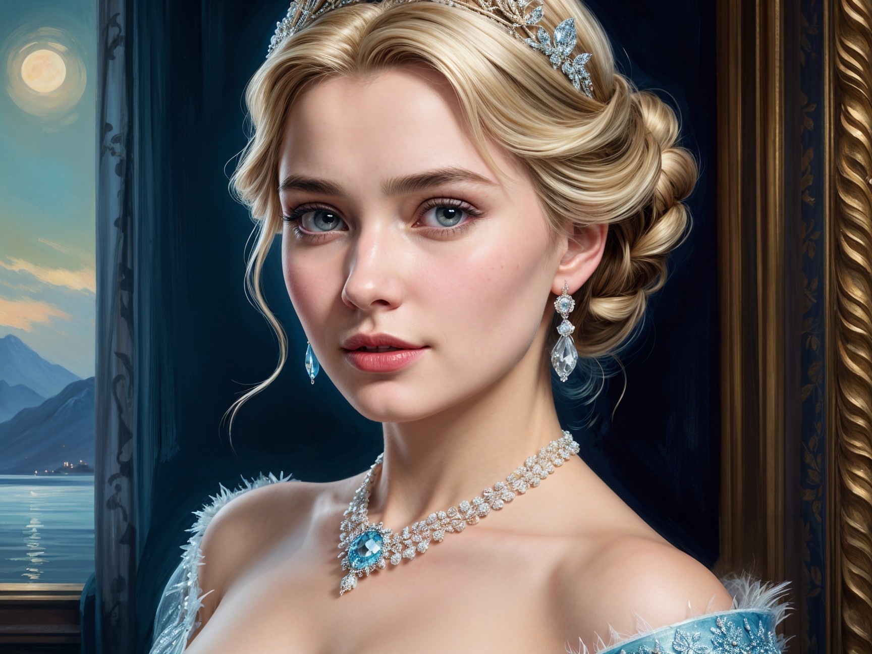 Young woman in elegant blue gown with tiara and jewelry