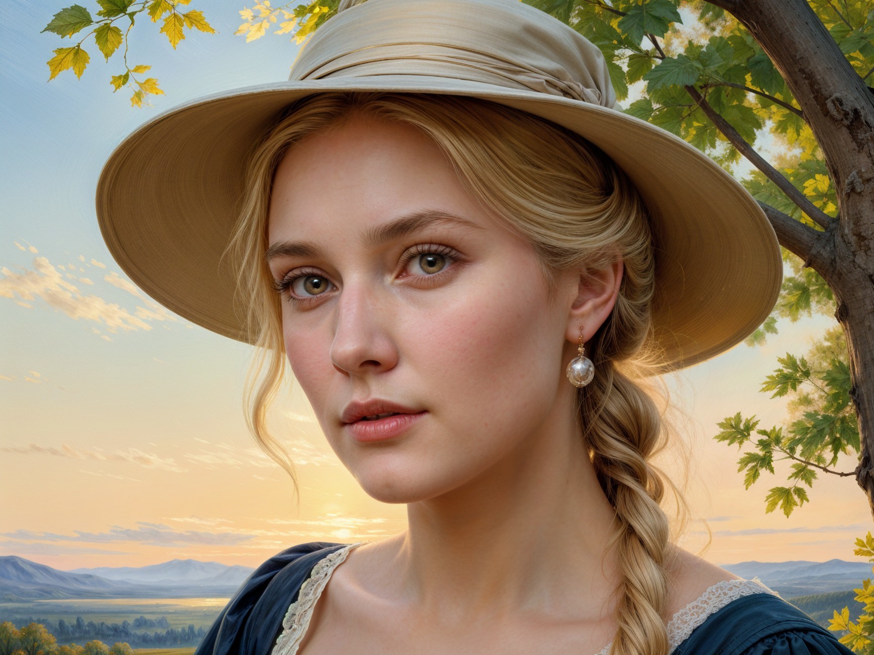 Young Woman in Sunset with Scenic Landscape Background