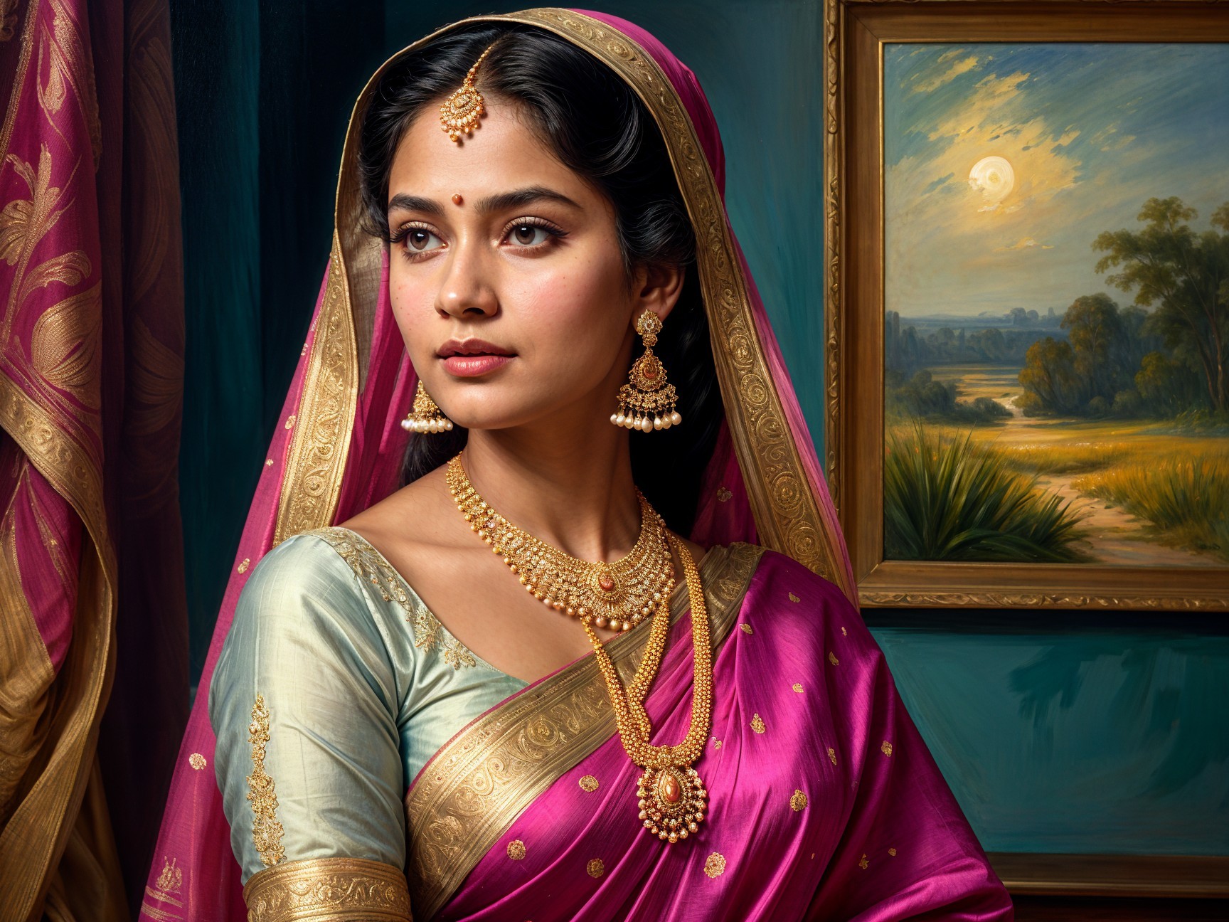 Traditional Silk Saree with Elegant Jewelry and Veil