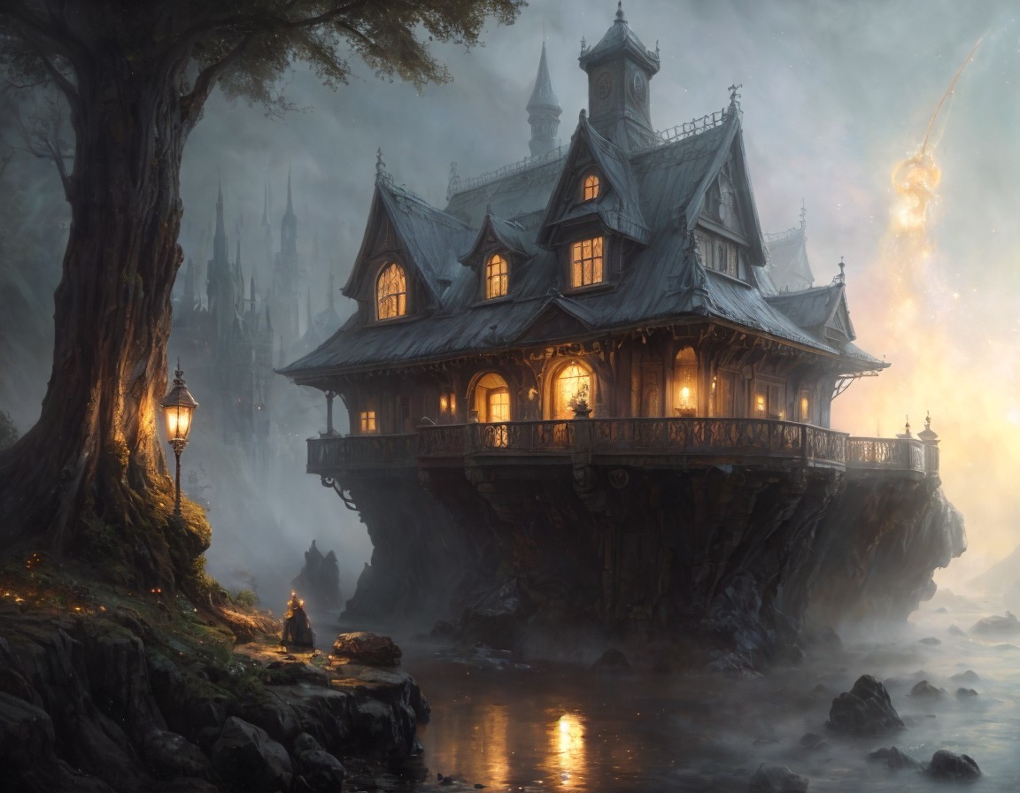 Victorian House on Cliff with Gothic Spires and Star