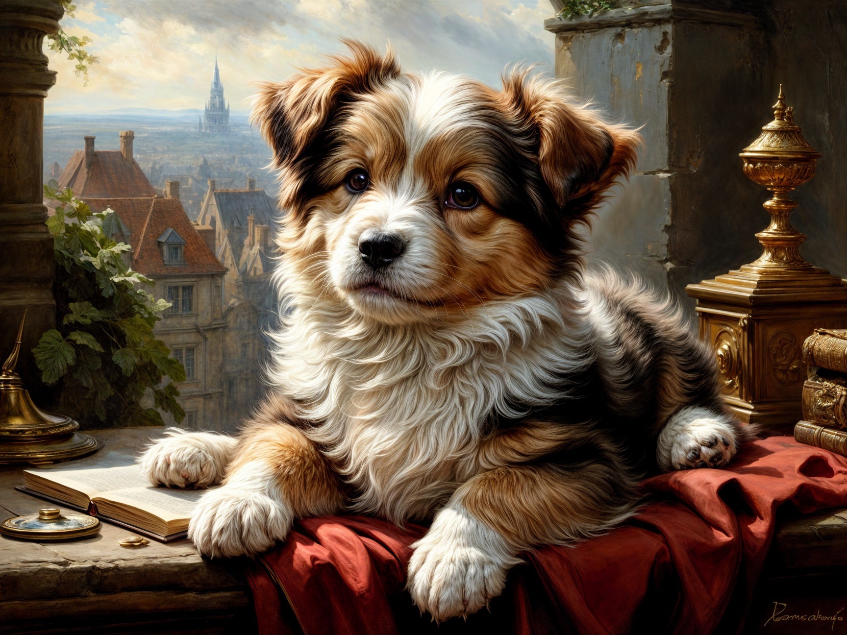 Puppy on Red Cloth in Historic City Setting