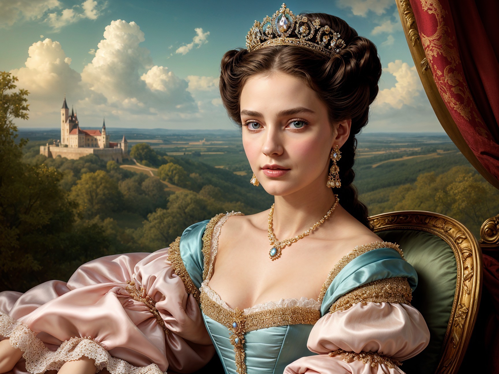 Regal Young Woman in Luxurious Pastel Gown and Tiara