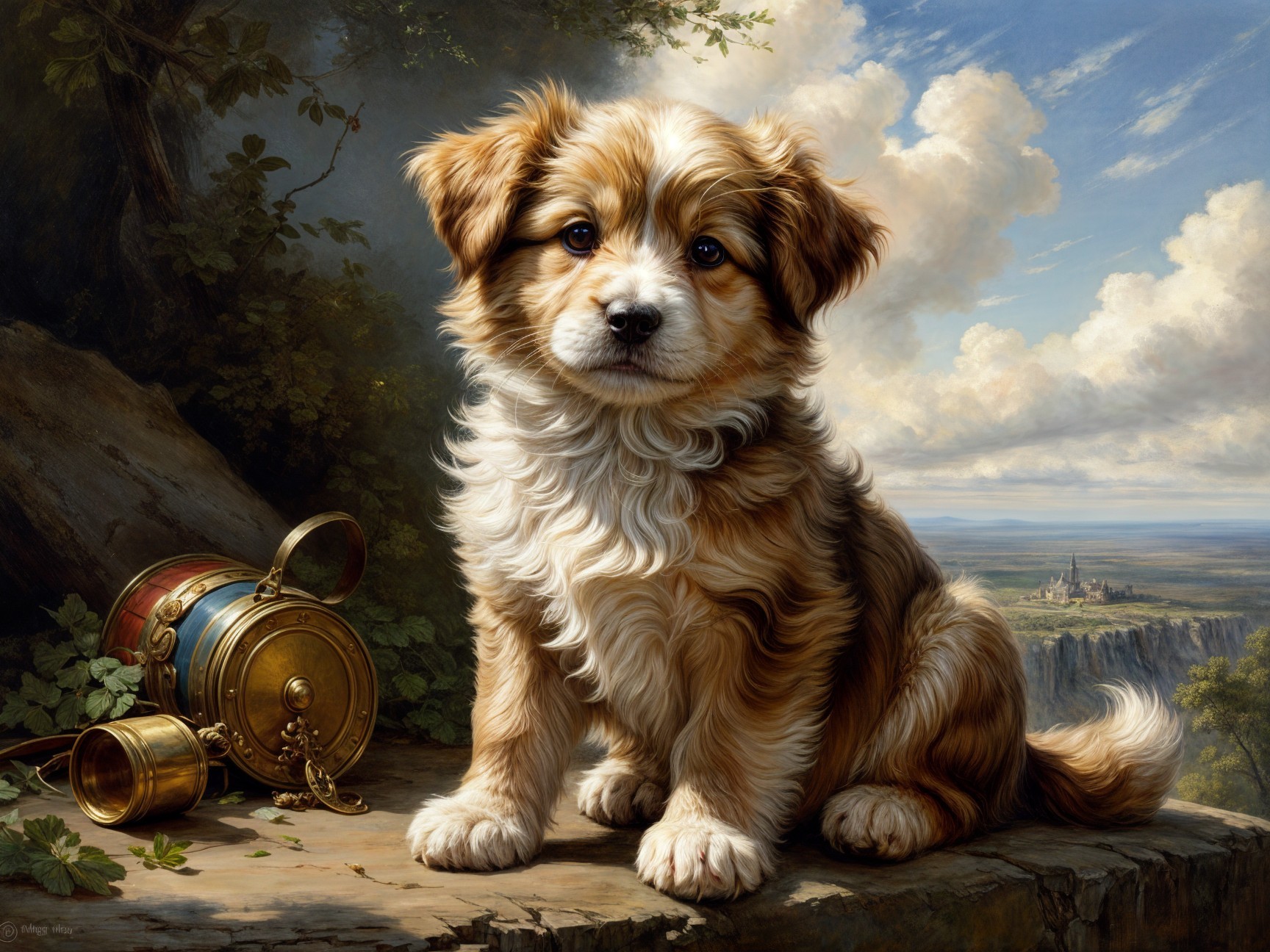 Fluffy Puppy on Wooden Surface with Scenic Background