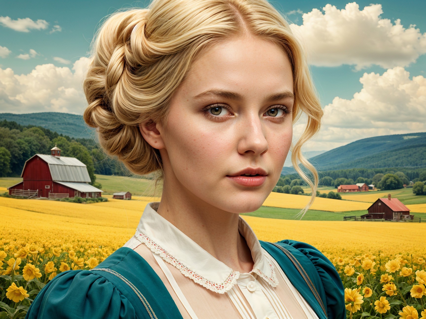Young Woman in Vintage Dress Amidst Sunflower Fields