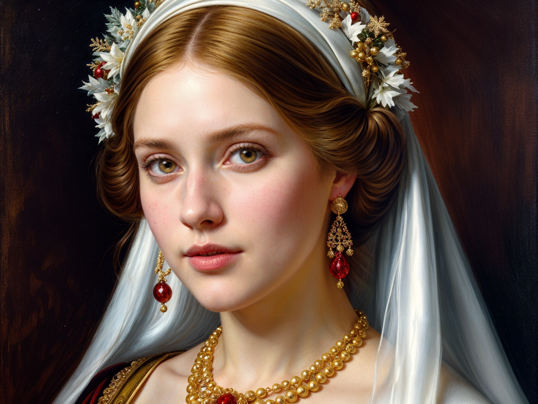 Young woman with green eyes and floral crown adornment