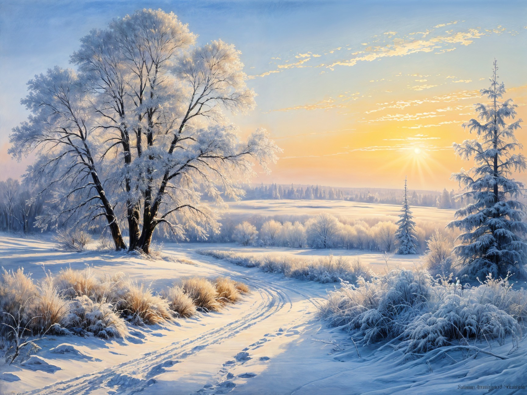 Serene Winter Landscape with Frosted Tree and Snow