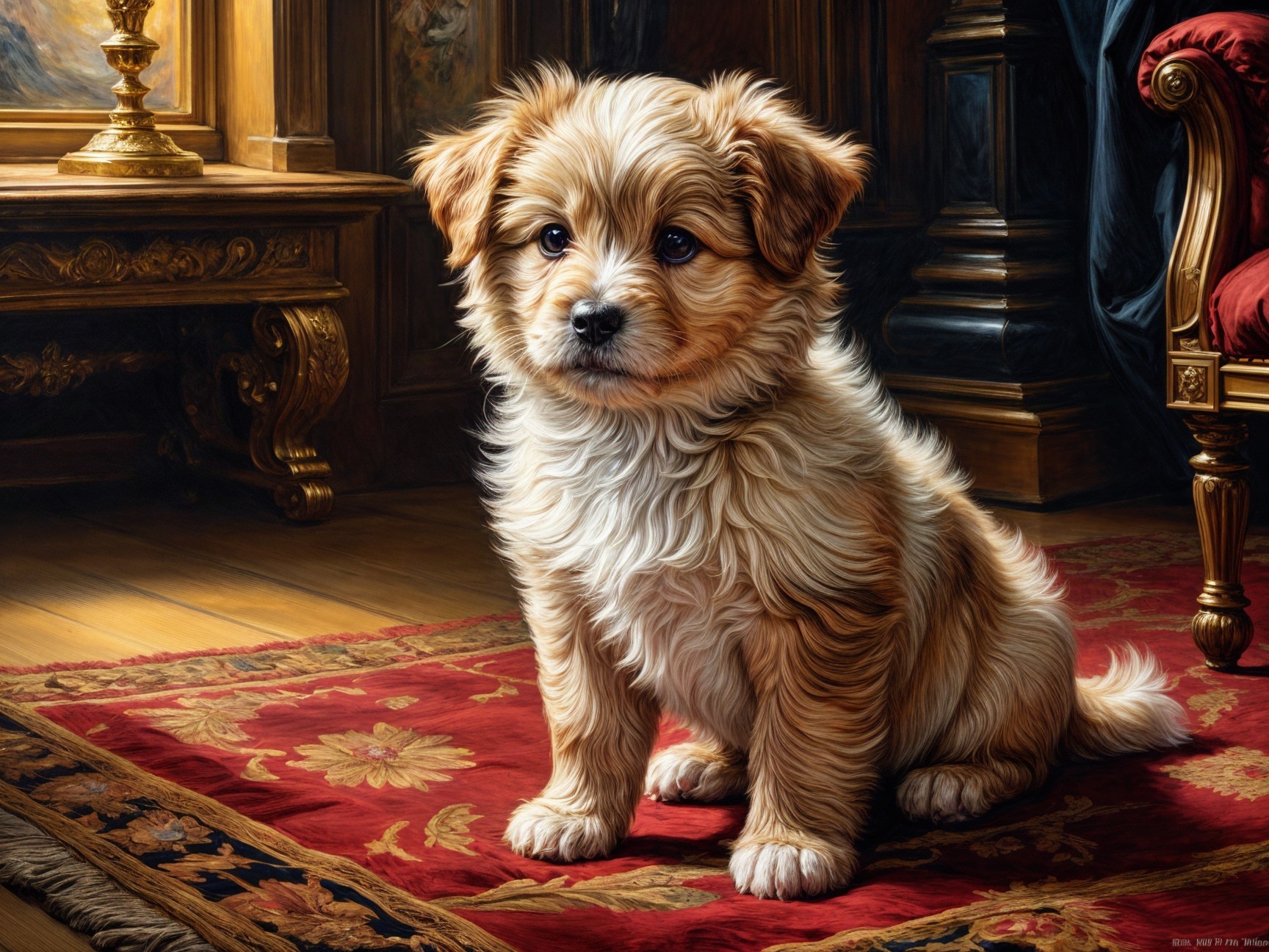 Fluffy Golden-Brown Puppy on Ornate Rug in Cozy Setting