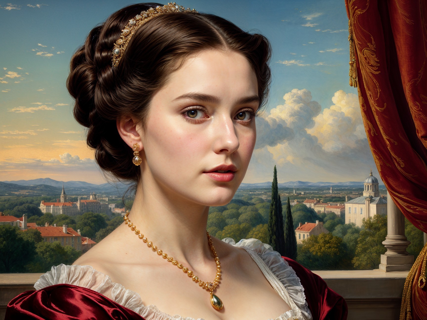 Portrait of a Young Woman in Elegant Gown and Landscape