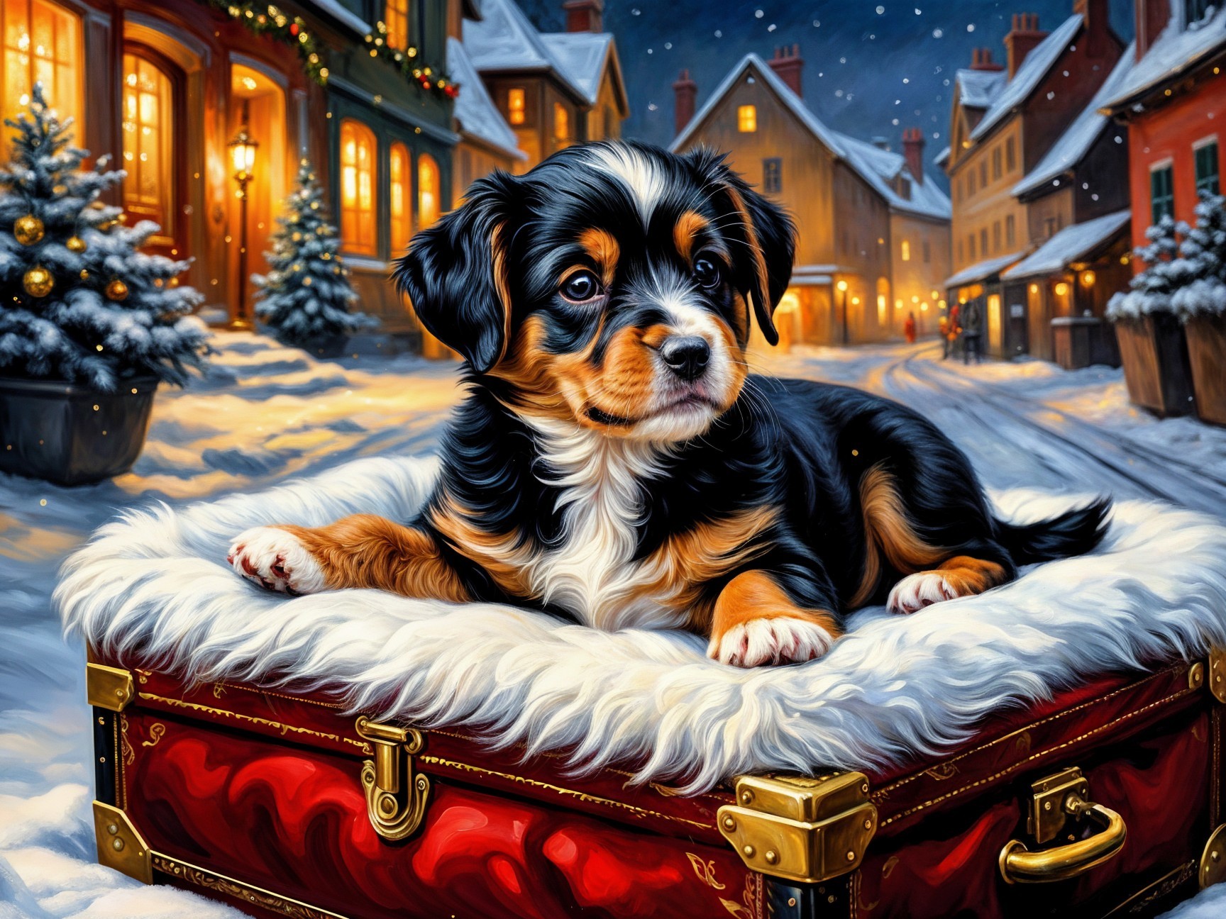 Puppy on Red Cushion in Winter Village Setting