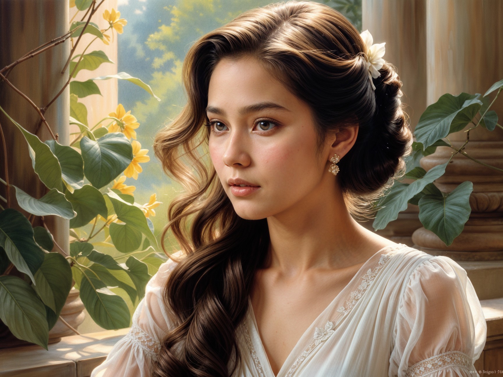 Young woman in lace dress amid blooming greenery