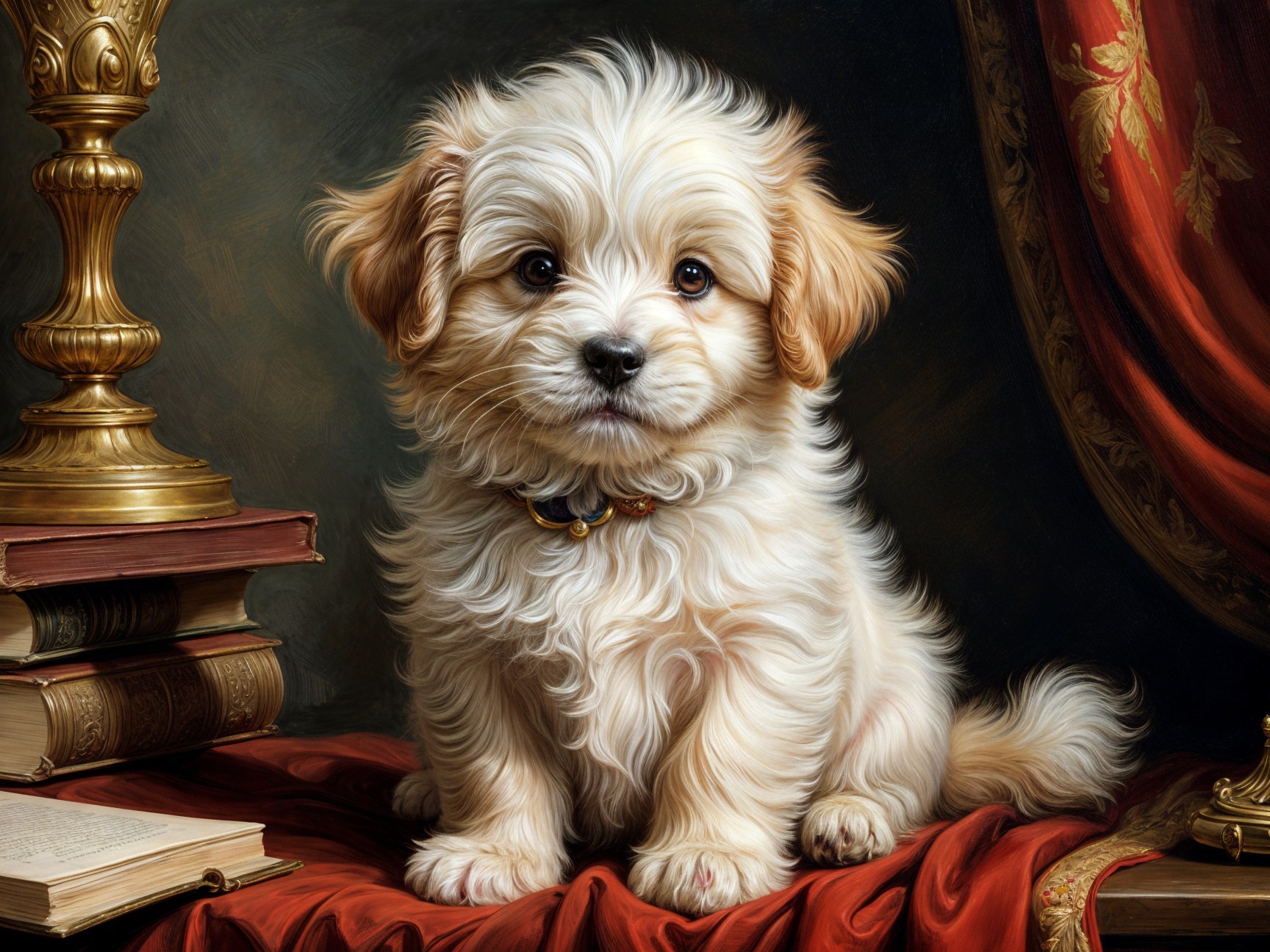 Cream-colored puppy on red draped surface with decor