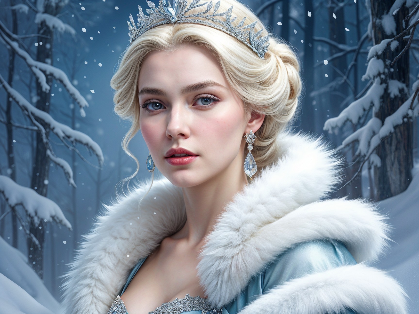 Young woman in icy-blue gown in snowy forest